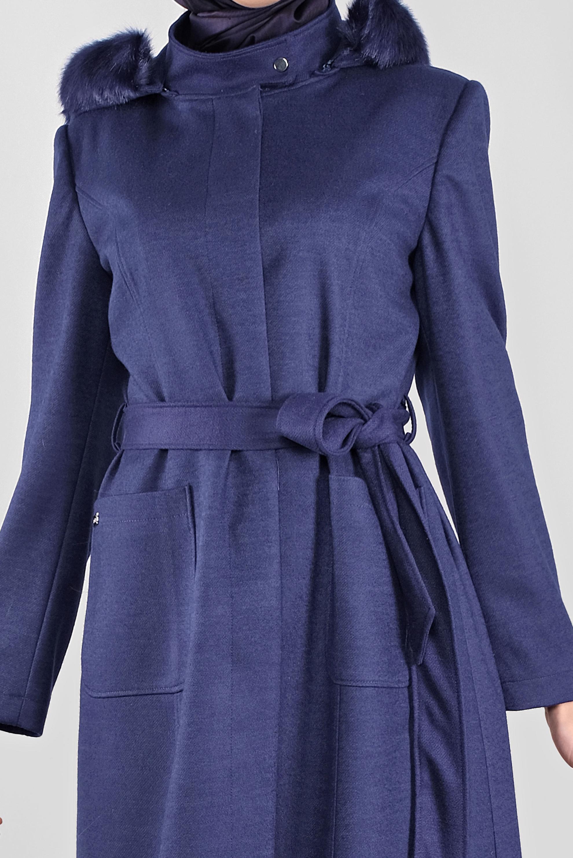 Hijab clothing NAVY BLUE BELTED FAUX-FUR-TRIM HOODED COAT 90162 