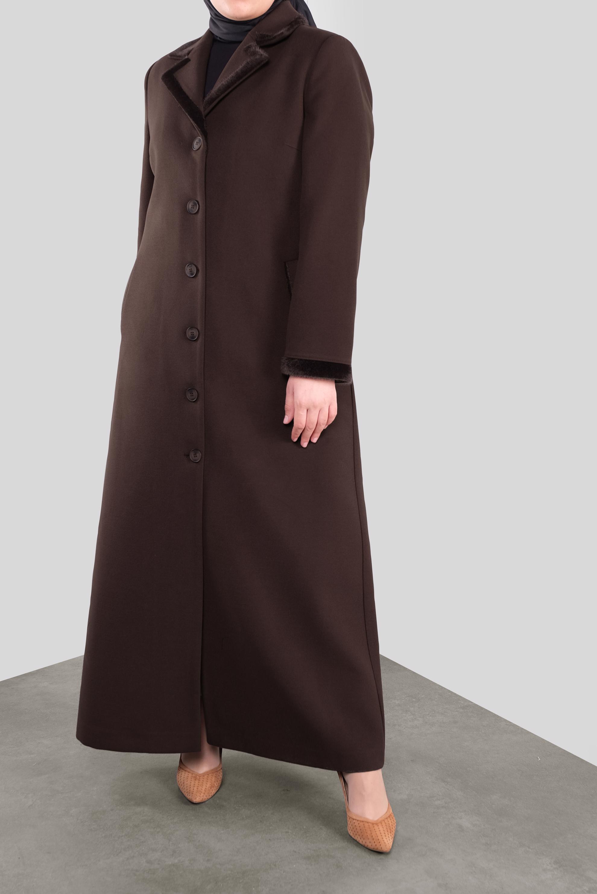 Tesettür giyim KAHVE KRUVAZE YAKA DÜĞMELİ KAŞE MANTO 90163 