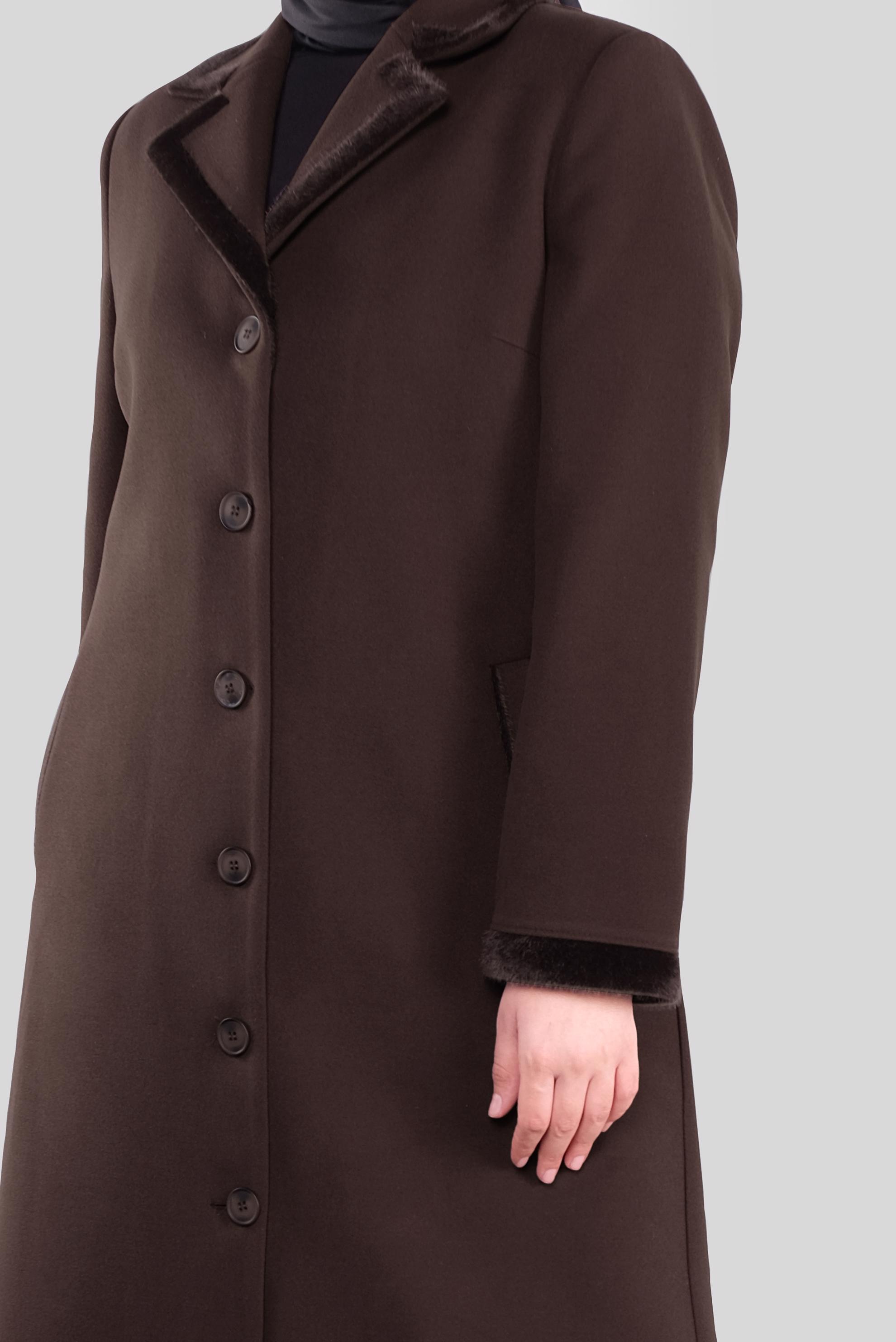 Tesettür giyim KAHVE KRUVAZE YAKA DÜĞMELİ KAŞE MANTO 90163 