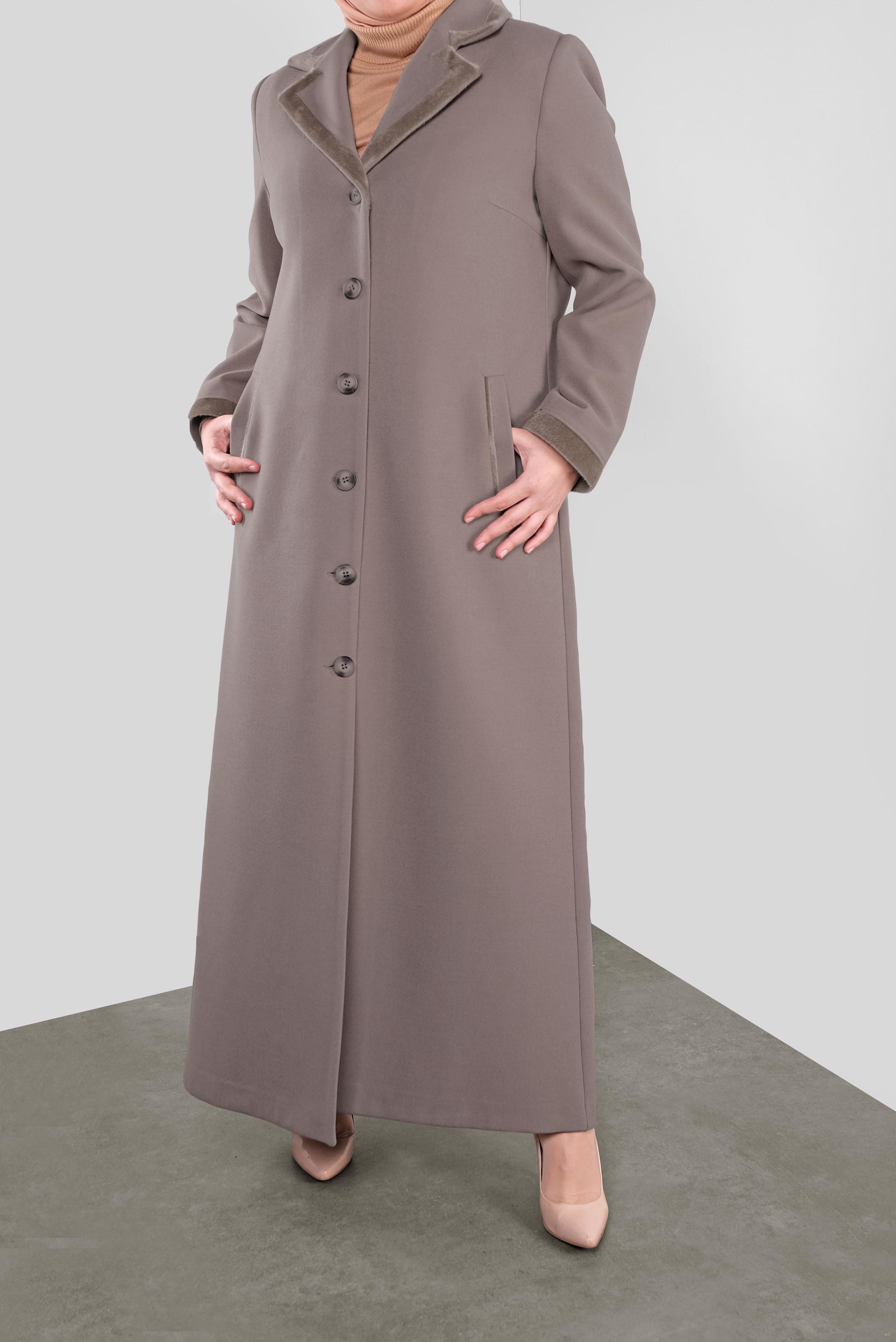 Tesettür giyim VİZON KRUVAZE YAKA DÜĞMELİ KAŞE MANTO 90163 