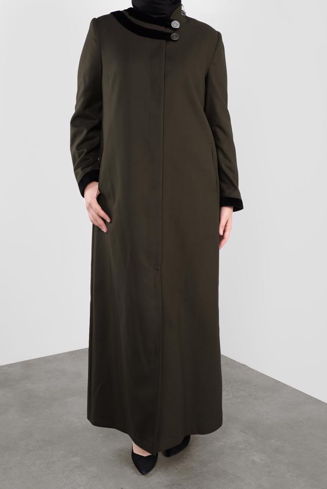 Hijab clothing KHAKI BUTTONED MANDARIN COLLAR COAT 90165  - ALVİNA