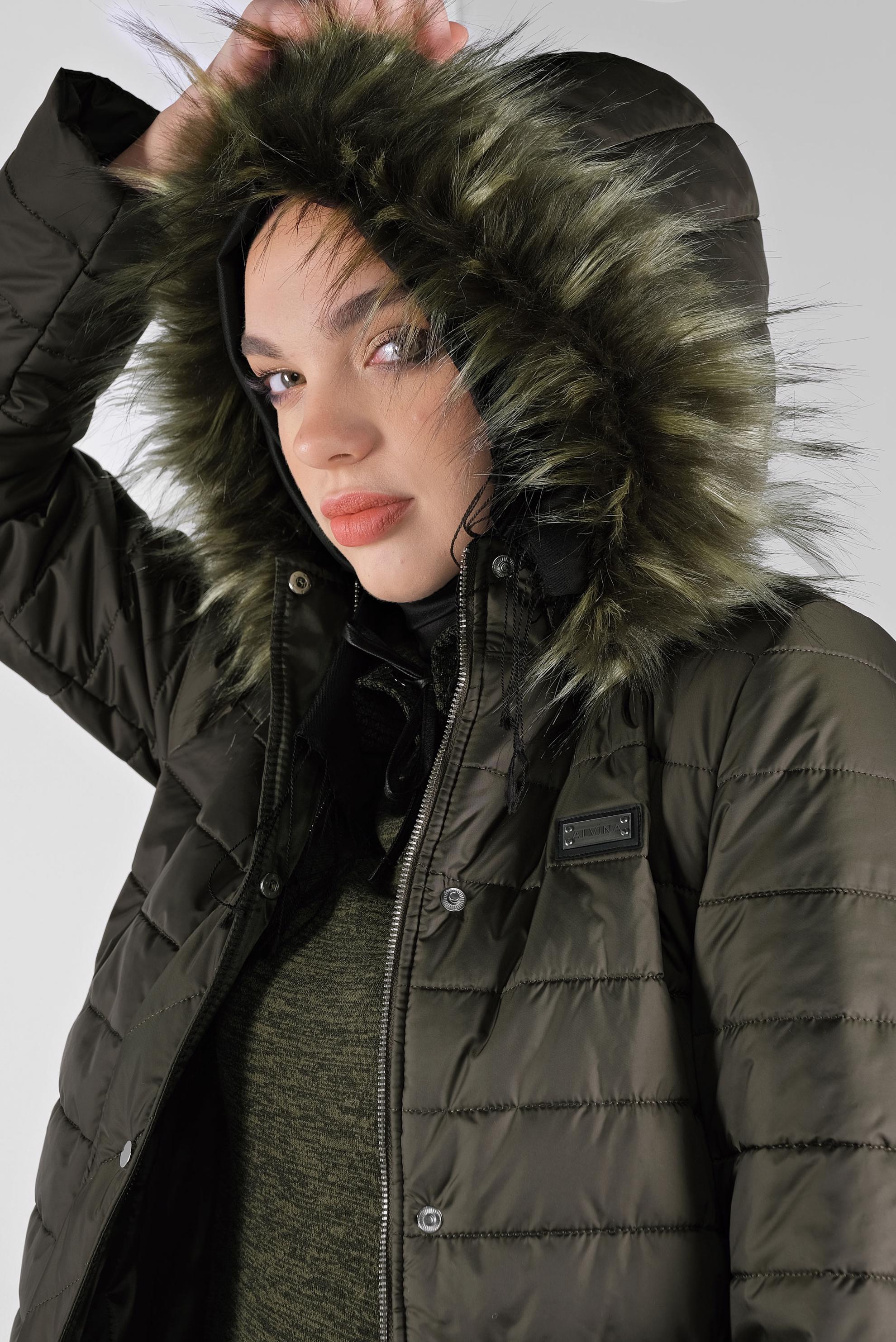 Tesettür giyim HAKİ KÜRKLÜ KAPÜŞONLU ŞİŞME MANTO 90169 