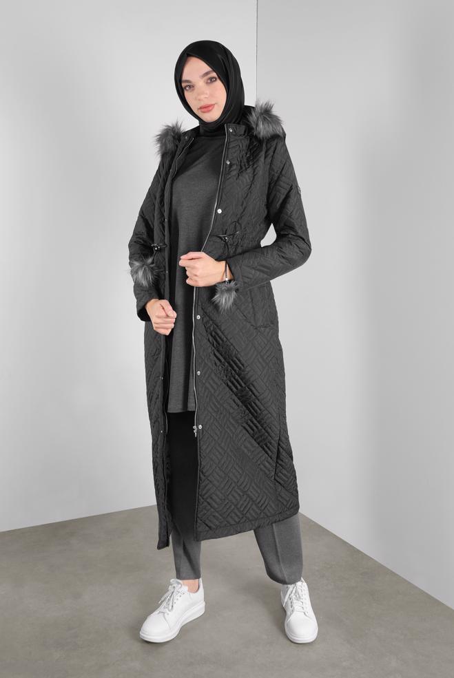 Hijab clothing BLACK FAUX-FUR-TRIM HOODED COAT 90170  - ALVİNA