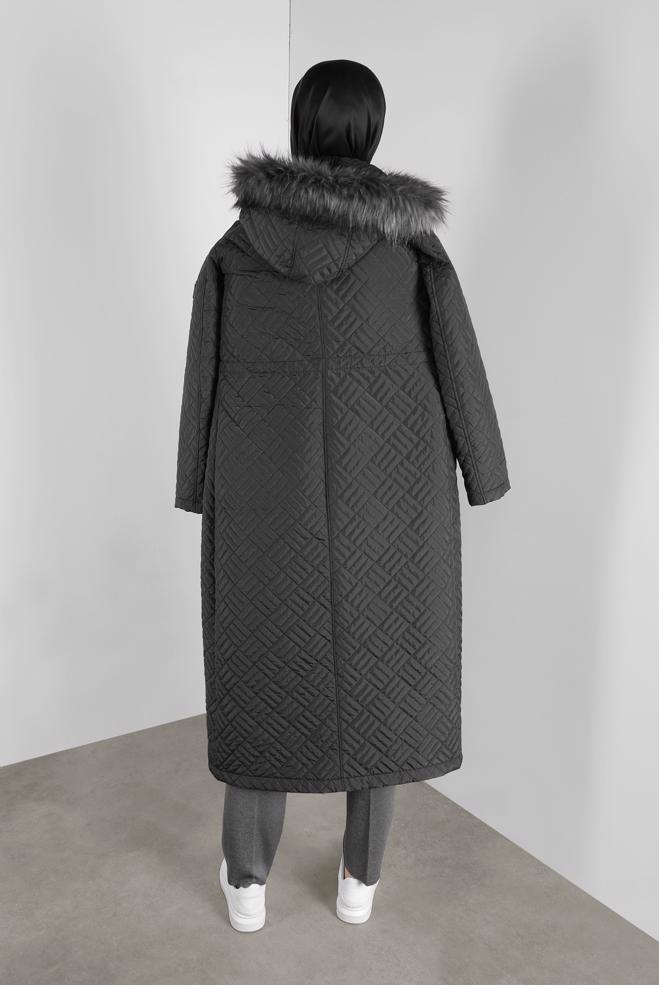 Hijab clothing BLACK FAUX-FUR-TRIM HOODED COAT 90170  - ALVİNA