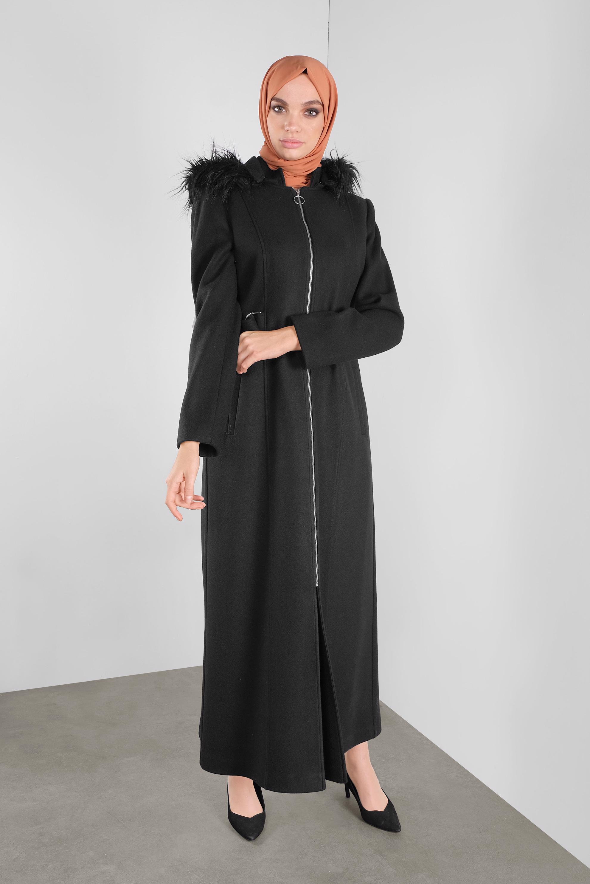 Hijab clothing BLACK FAUX-FUR-TRIM HOODED WALKER COAT 90173 