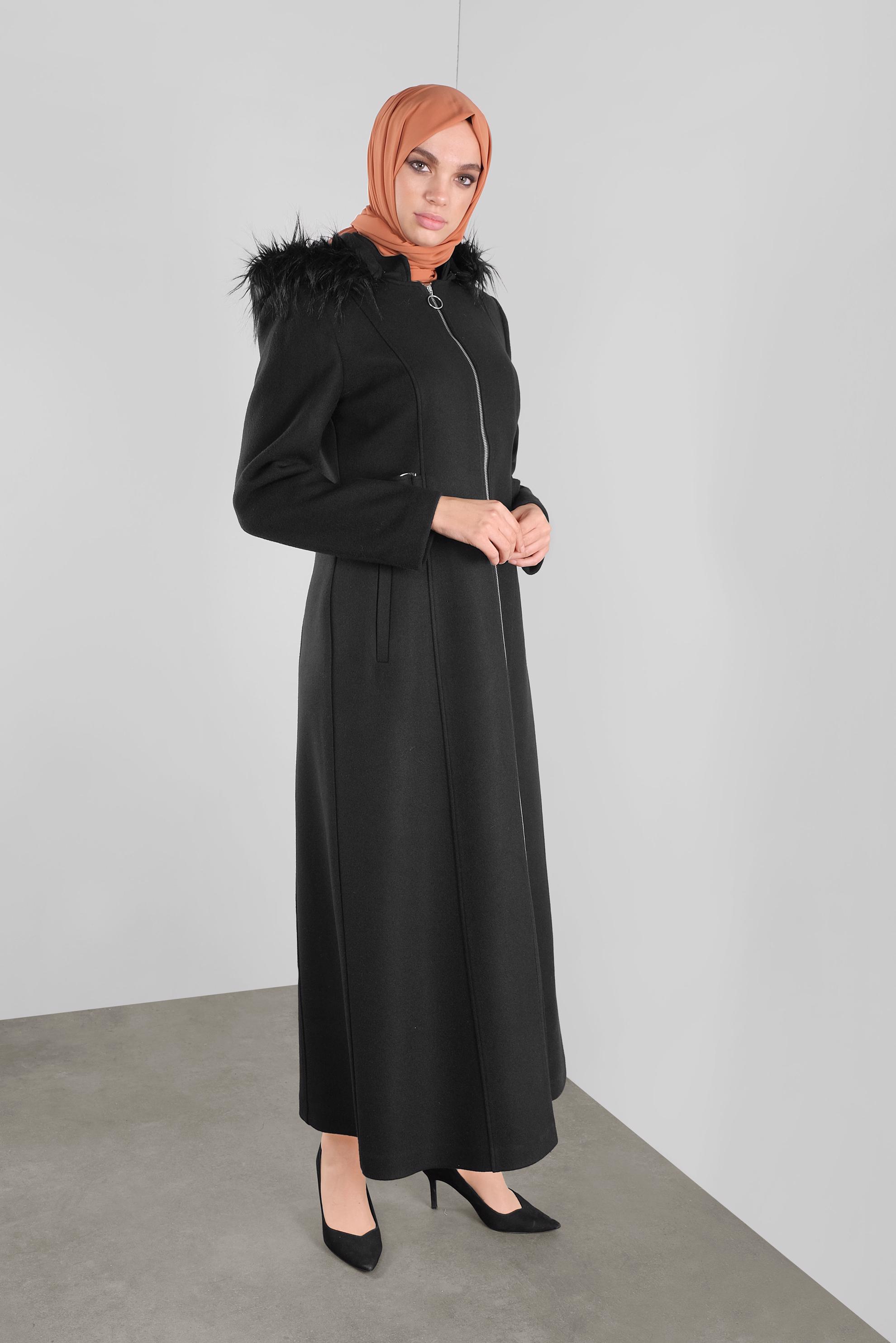 Hijab clothing BLACK FAUX-FUR-TRIM HOODED WALKER COAT 90173 