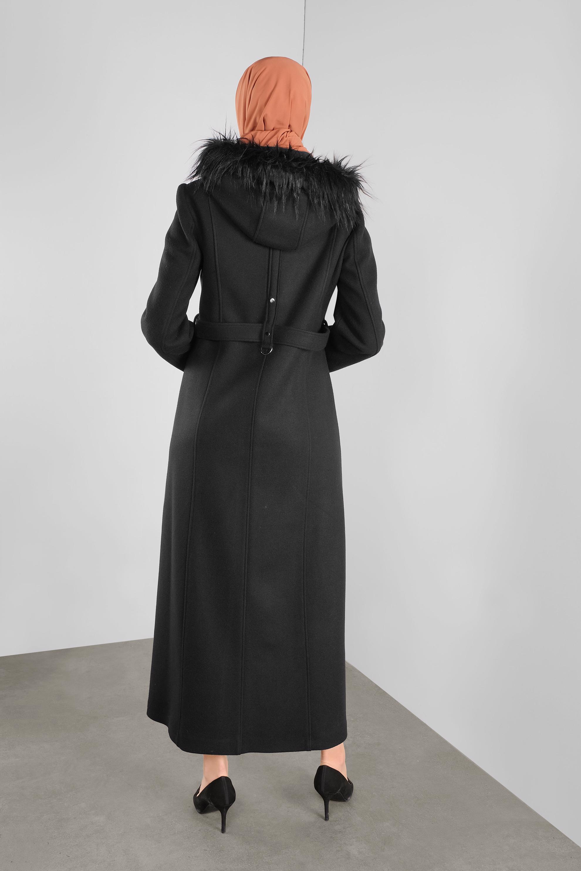 Hijab clothing BLACK FAUX-FUR-TRIM HOODED WALKER COAT 90173 