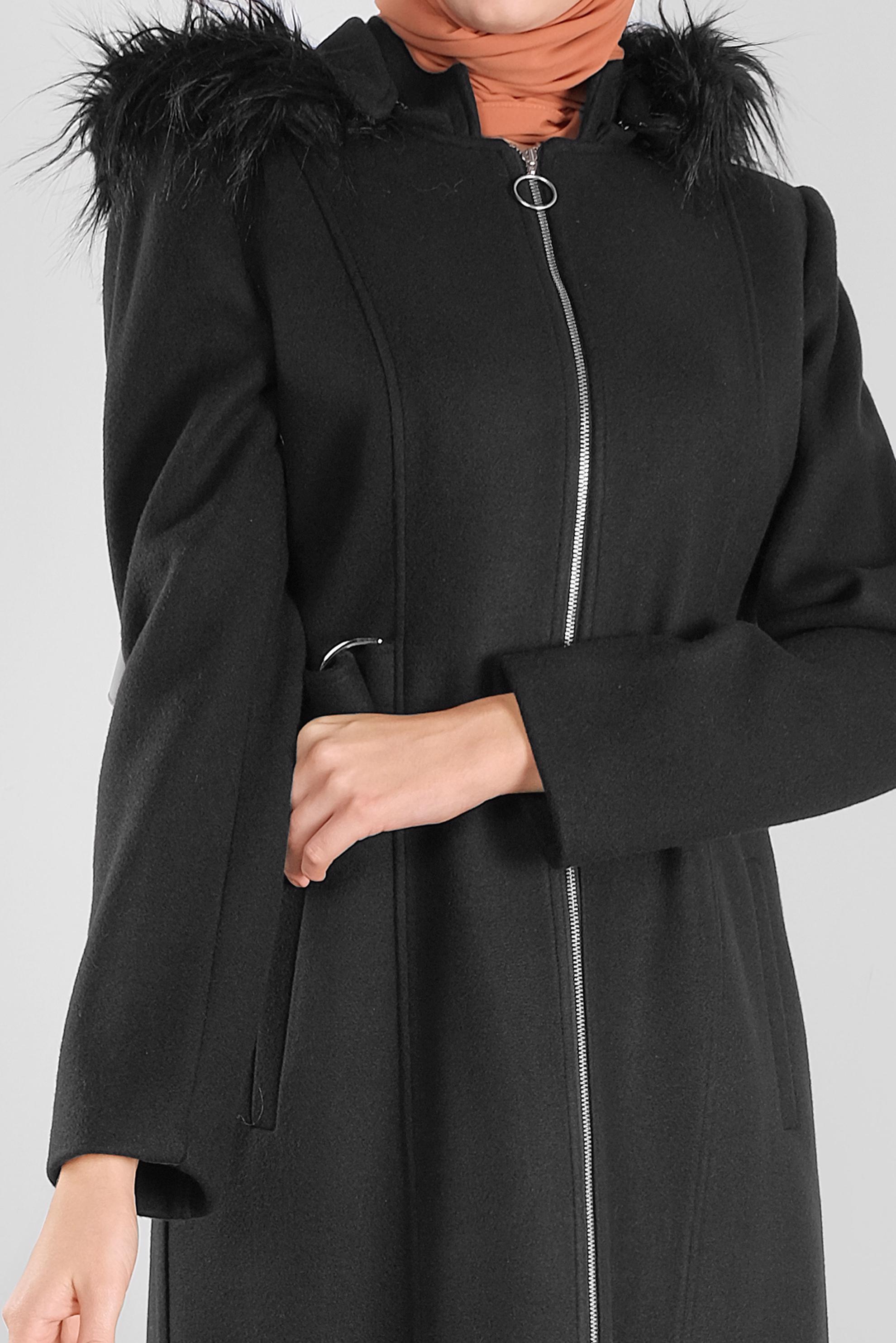 Hijab clothing BLACK FAUX-FUR-TRIM HOODED WALKER COAT 90173 