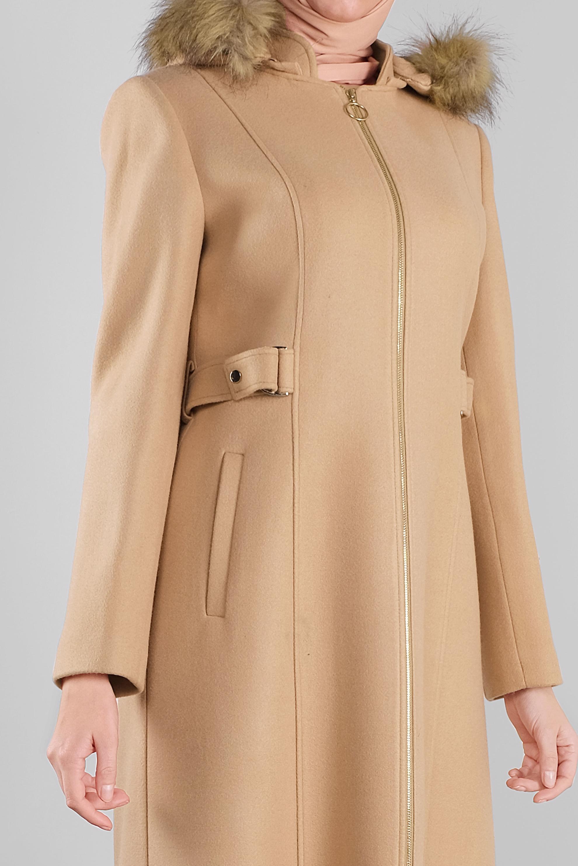 Tesettür giyim KAHVE KÜRKLÜ KAPÜŞONLU KAŞE MANTO 90173 