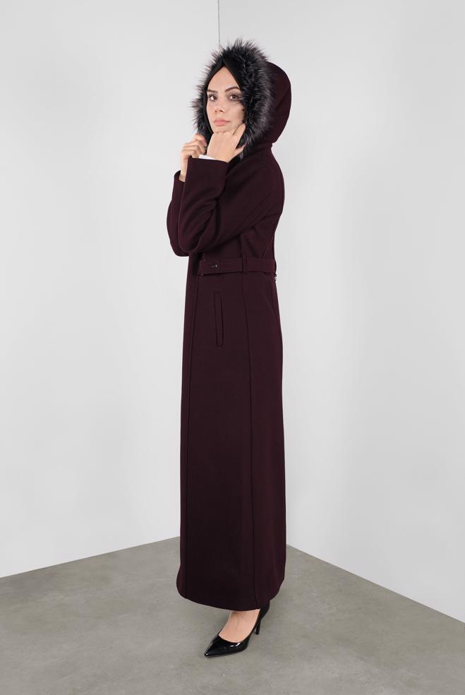 Vêtements hijab PRUNE MANTEAU À CAPUCHE EN EFFET FOURRURE 90173  - ALVİNA