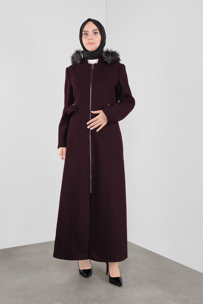 Vêtements hijab PRUNE MANTEAU À CAPUCHE EN EFFET FOURRURE 90173  - ALVİNA
