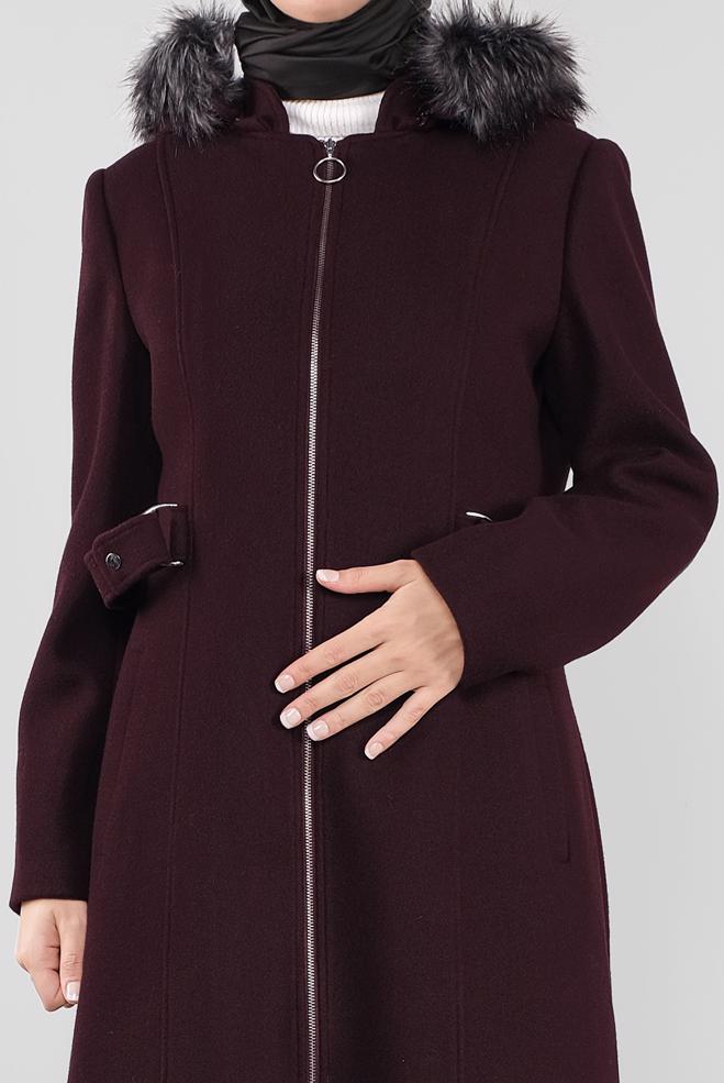 Vêtements hijab PRUNE MANTEAU À CAPUCHE EN EFFET FOURRURE 90173  - ALVİNA