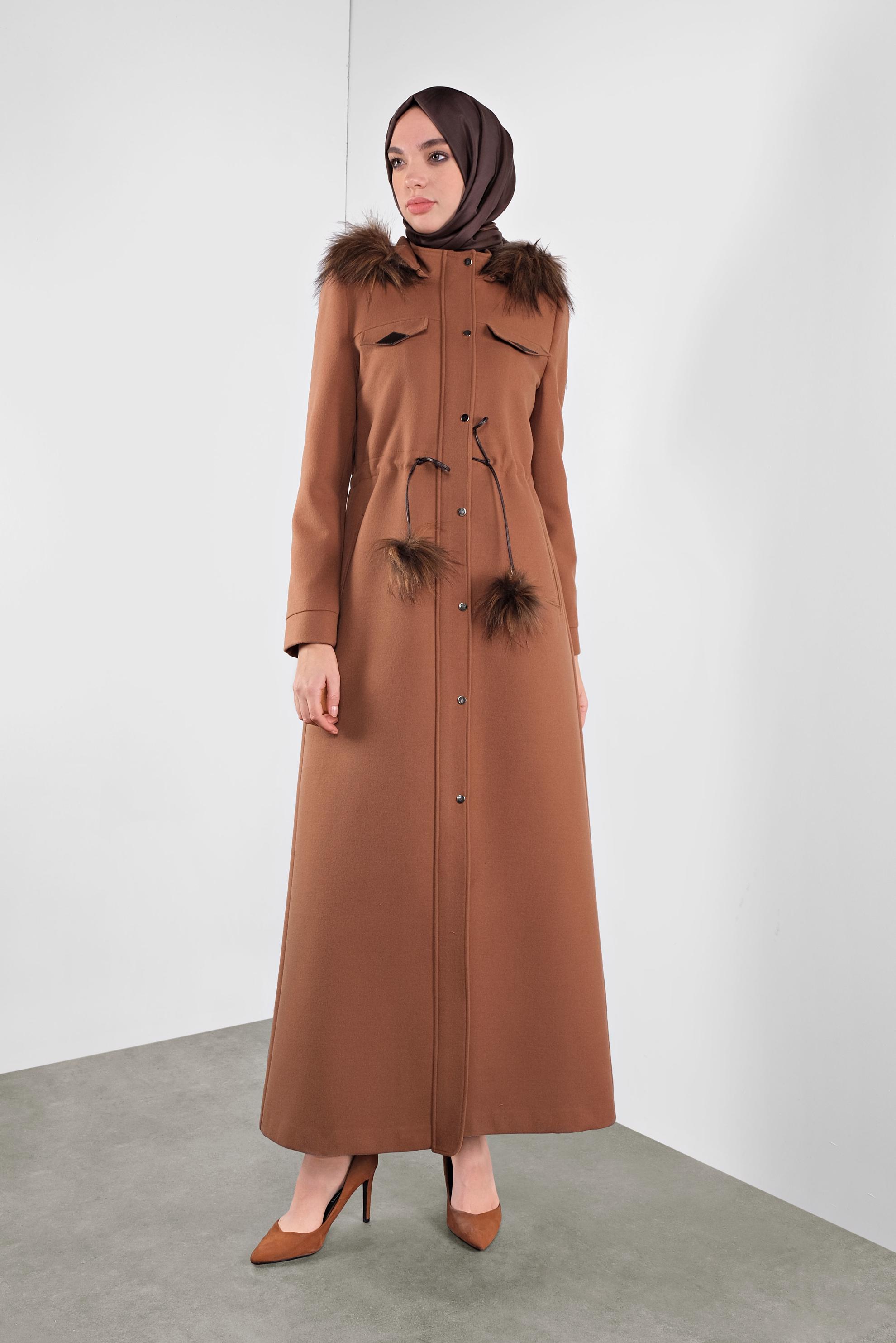 Hijab clothing TABA FAUX-FUR-TRIM HOODED WALKER COAT 90178 