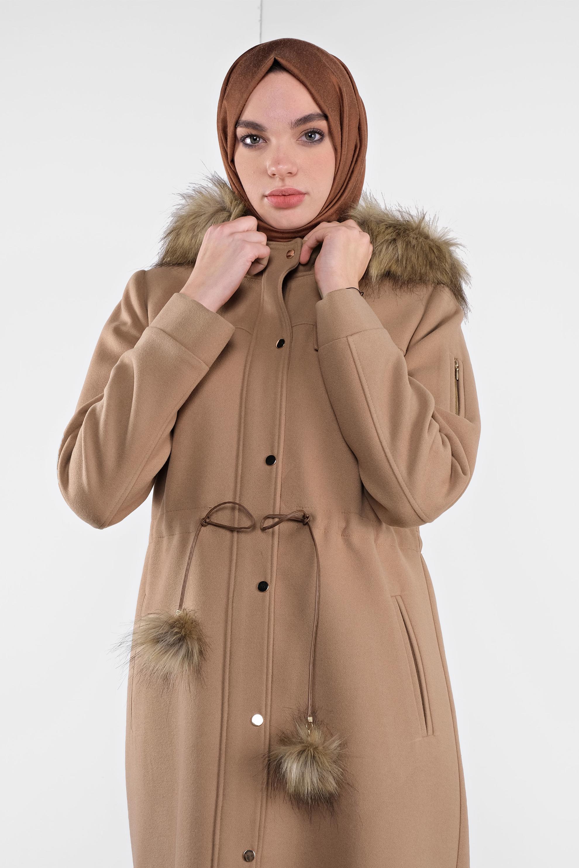 Tesettür giyim TABA KAPÜŞONU KÜRKLÜ KAŞE MANTO 90178 