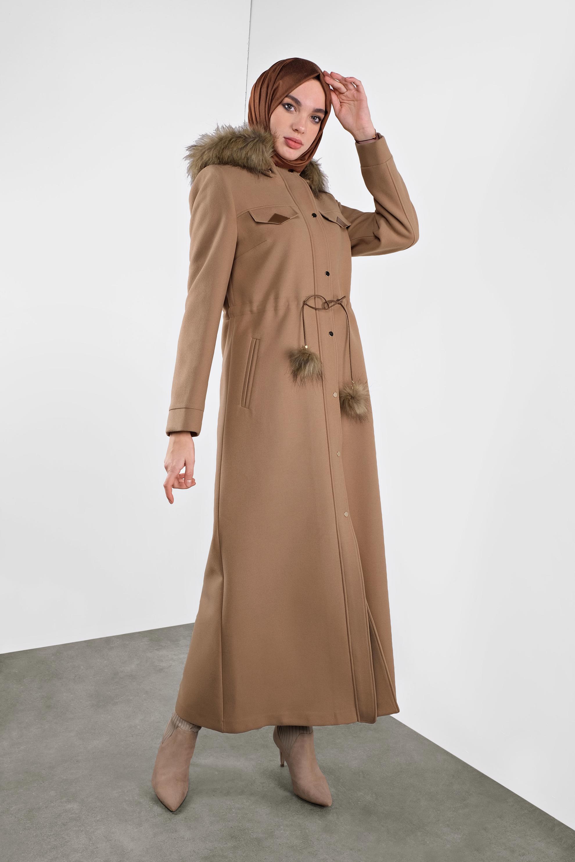 Tesettür giyim TABA KAPÜŞONU KÜRKLÜ KAŞE MANTO 90178 