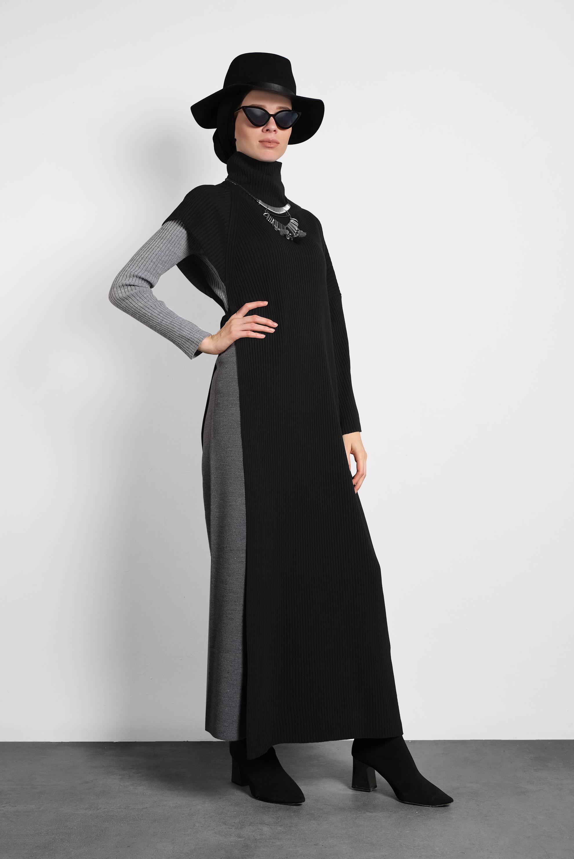 Tesettür giyim SİYAH TEK OMUZ YANDAN BAĞCIKLI BALIKÇI YAKA TRİKO PANÇO 40052 