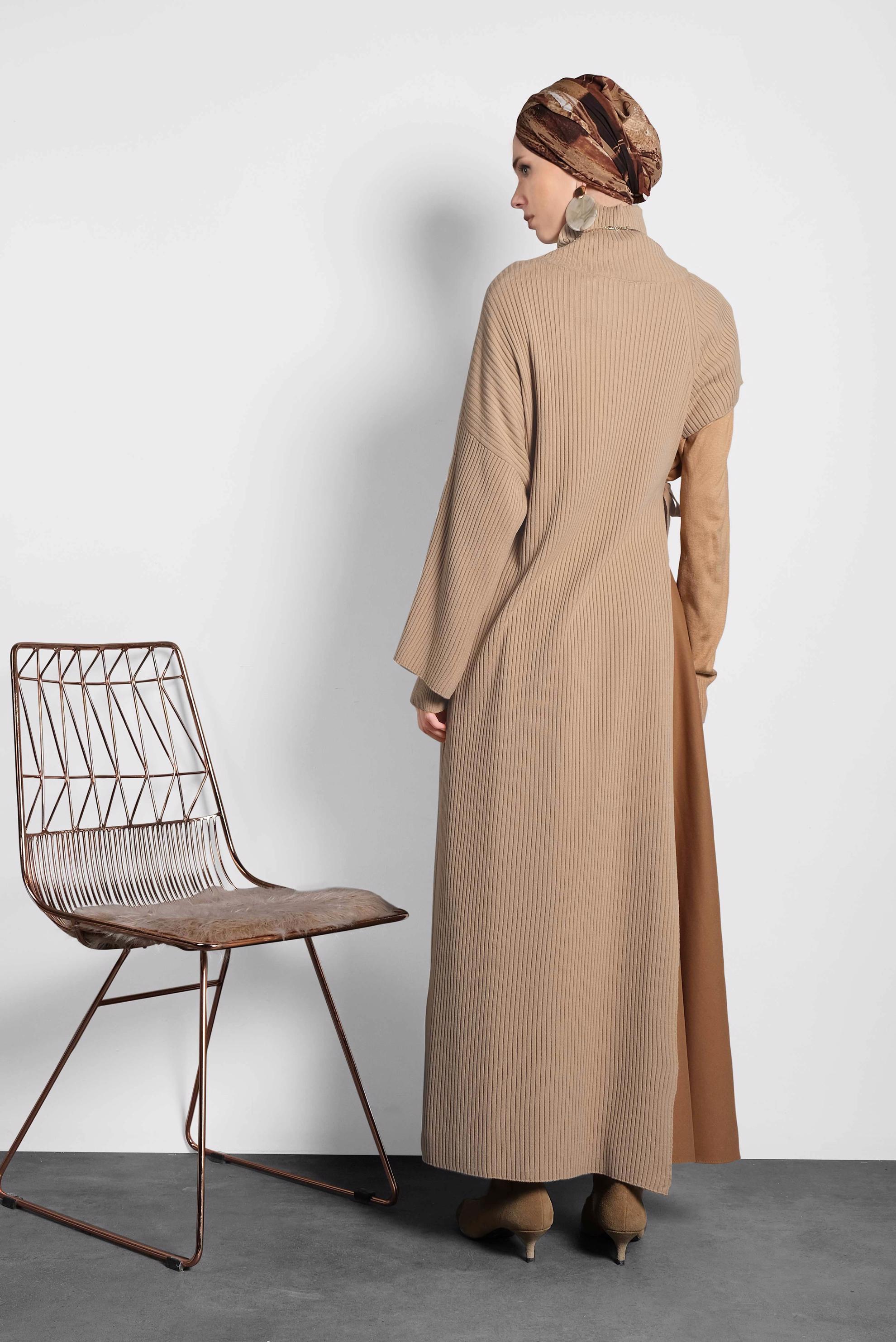 Tesettür giyim KAHVE TEK OMUZ YANDAN BAĞCIKLI BALIKÇI YAKA TRİKO PANÇO 40052 