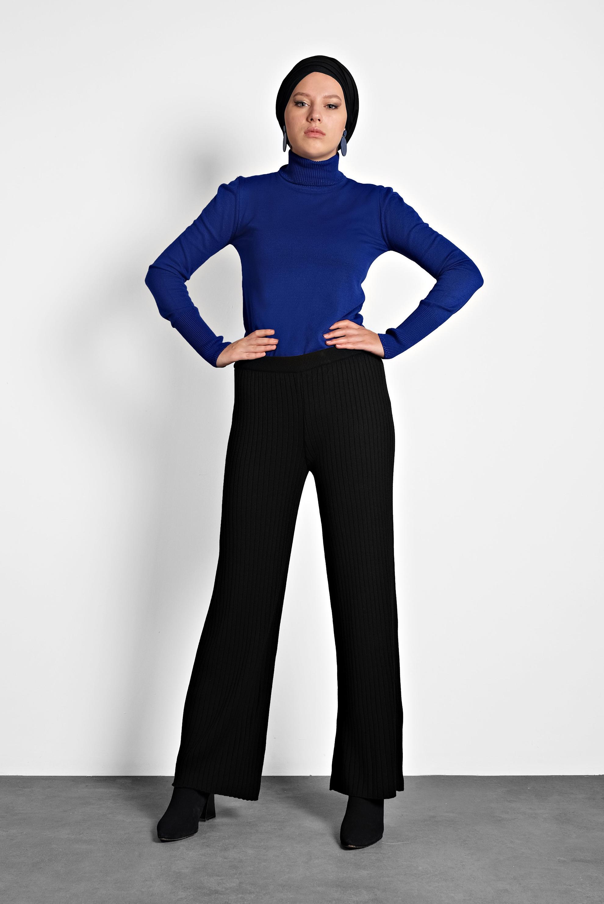 Tesettür giyim SİYAH BELİ LASTİKLİ FİTİLLİ TRİKO PANTOLON 70001  