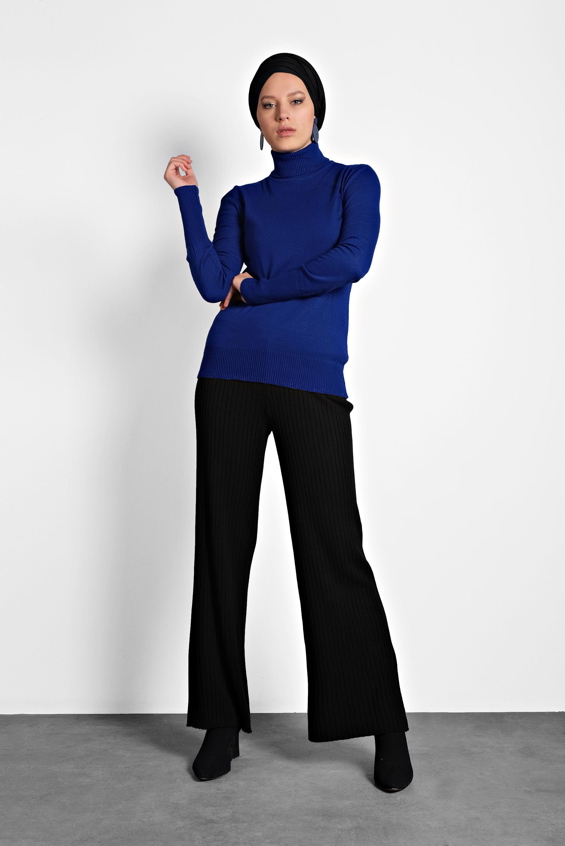 Tesettür giyim SİYAH BELİ LASTİKLİ FİTİLLİ TRİKO PANTOLON 70001  