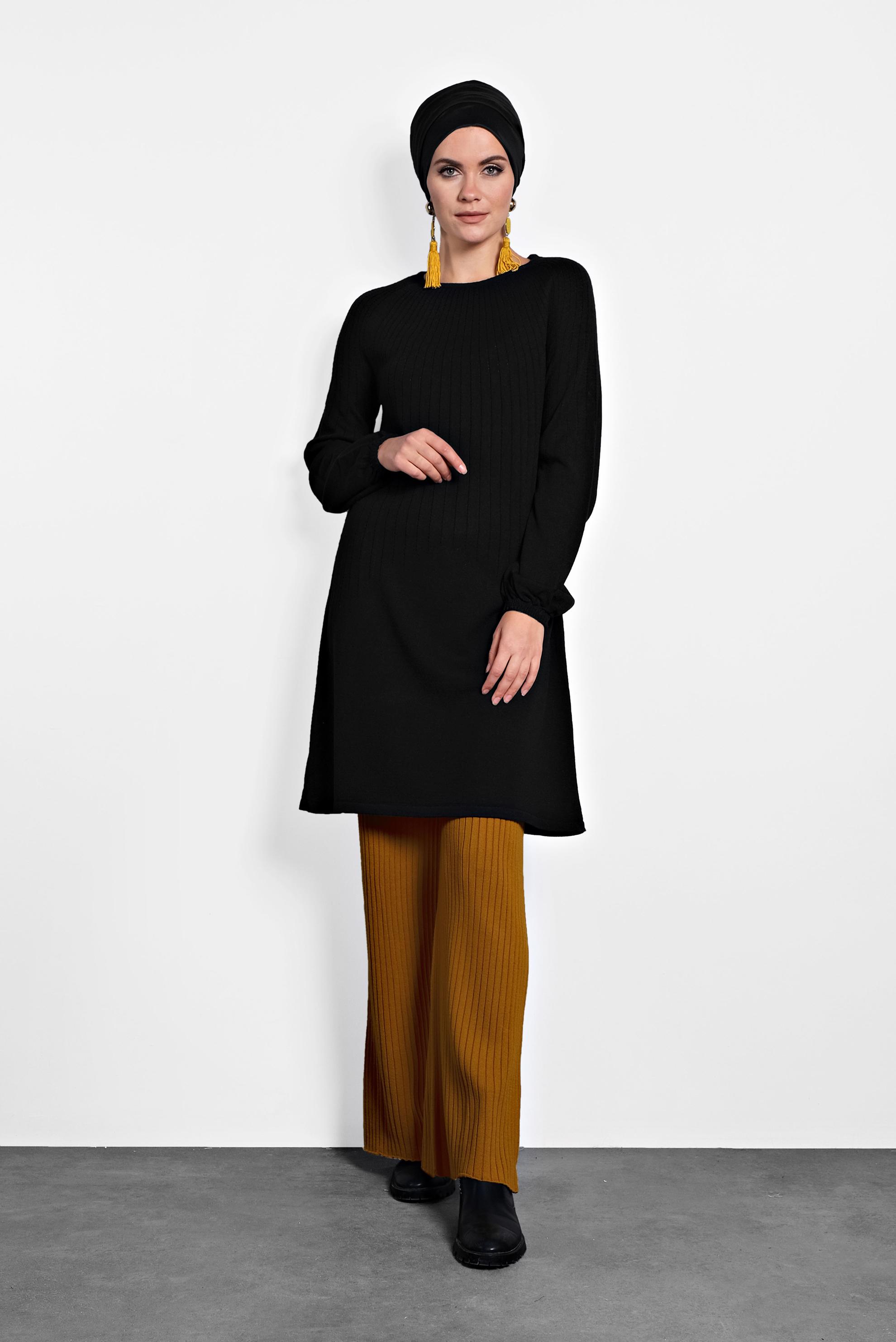 Tesettür giyim SARI BELİ LASTİKLİ FİTİLLİ TRİKO PANTOLON 70001  