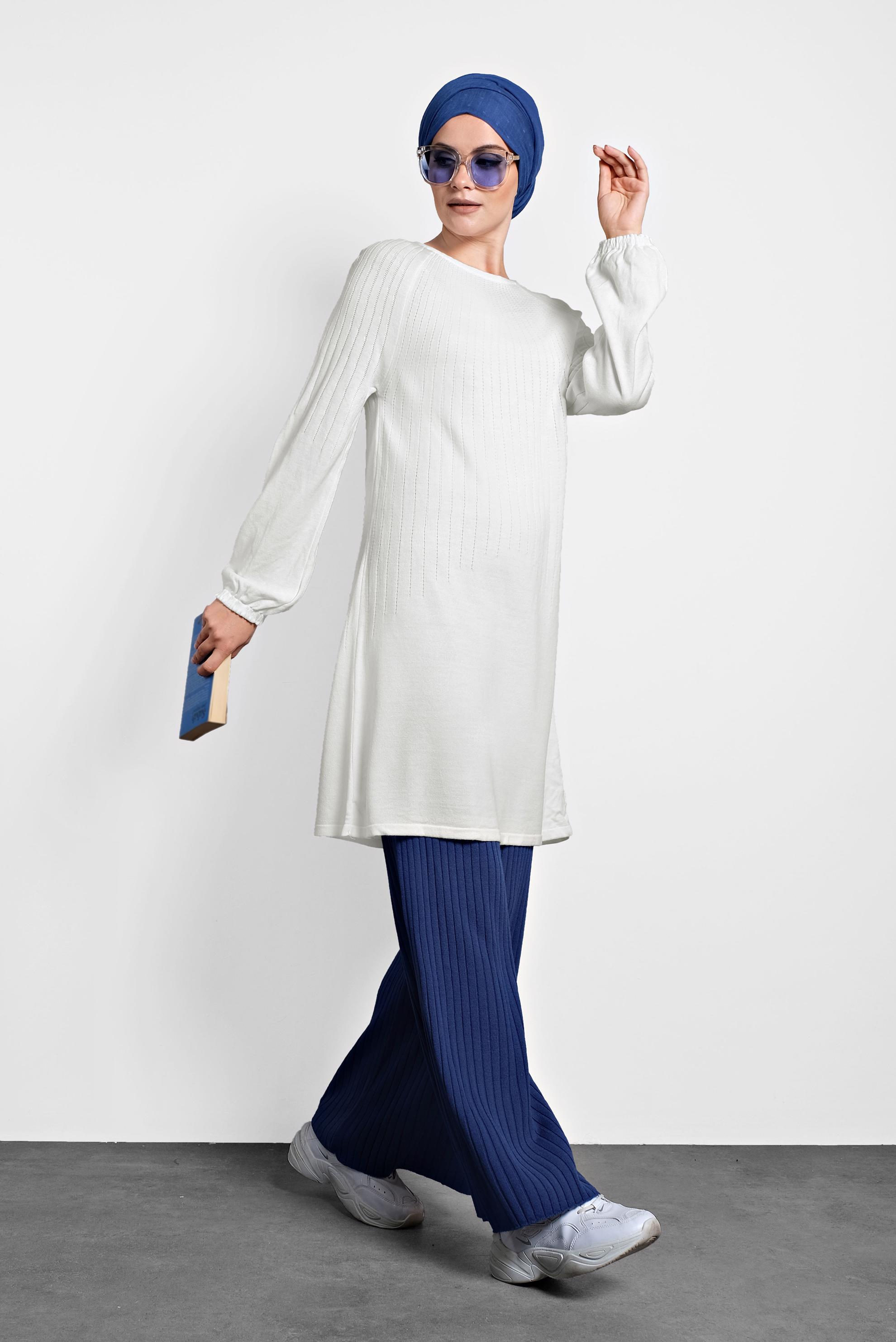 Hijab clothing NAVY BLUE ELASTIC-WAIST RIBBED KNIT PANTS  70001