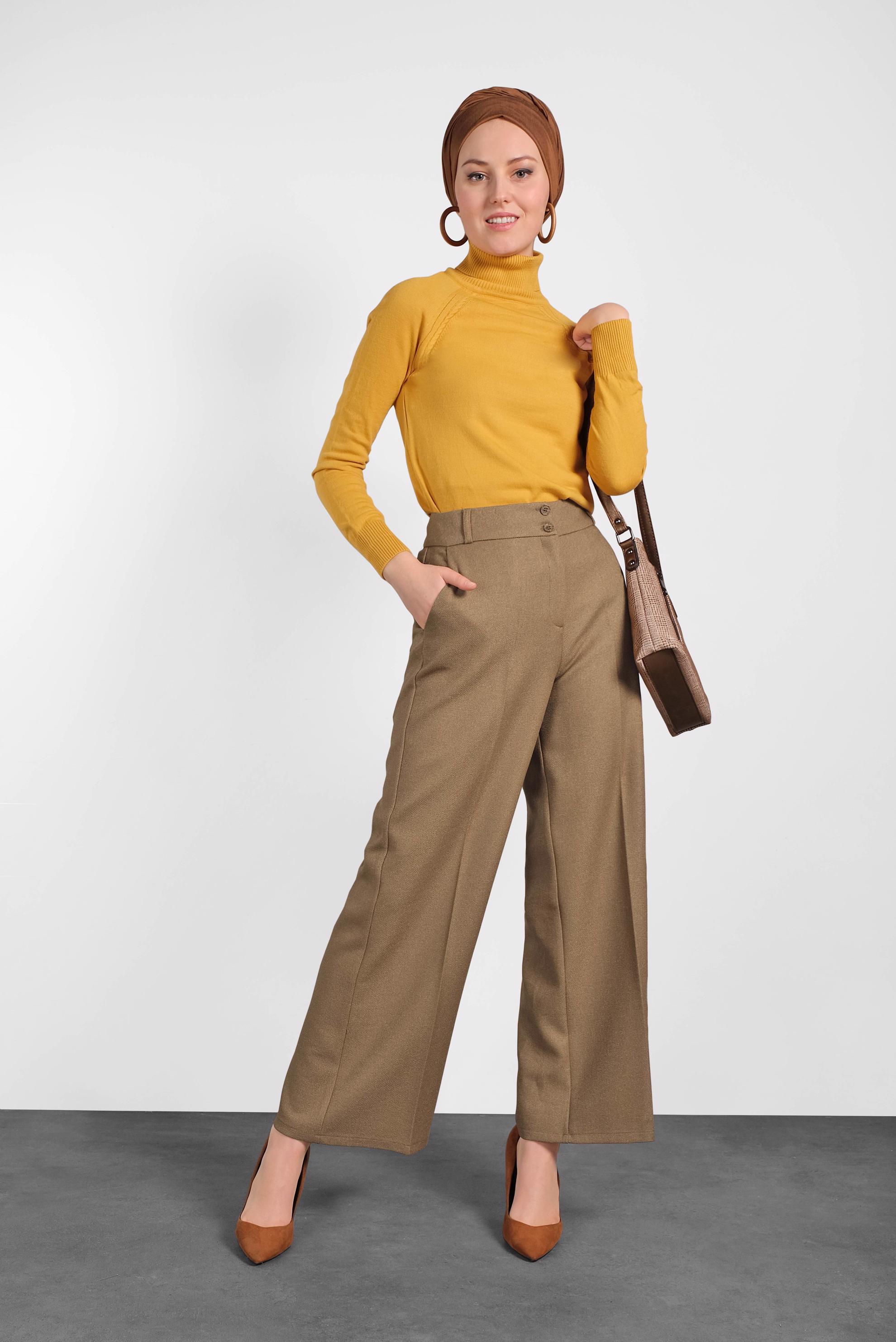 Tesettür giyim KAHVE GENİŞ PAÇA DÜĞMELİ PANTOLON 70004 