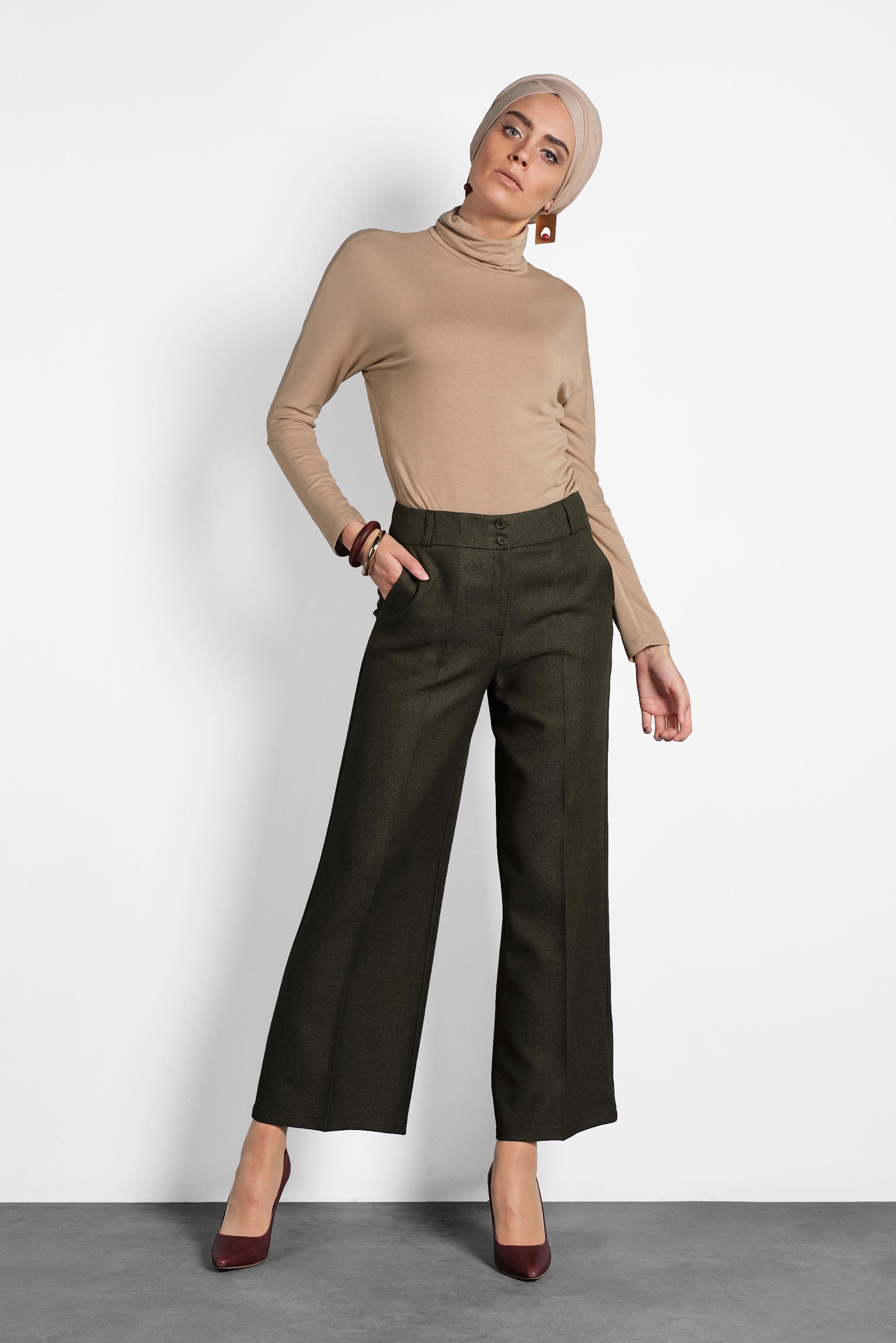 Tesettür giyim HAKİ GENİŞ PAÇA DÜĞMELİ PANTOLON 70004 