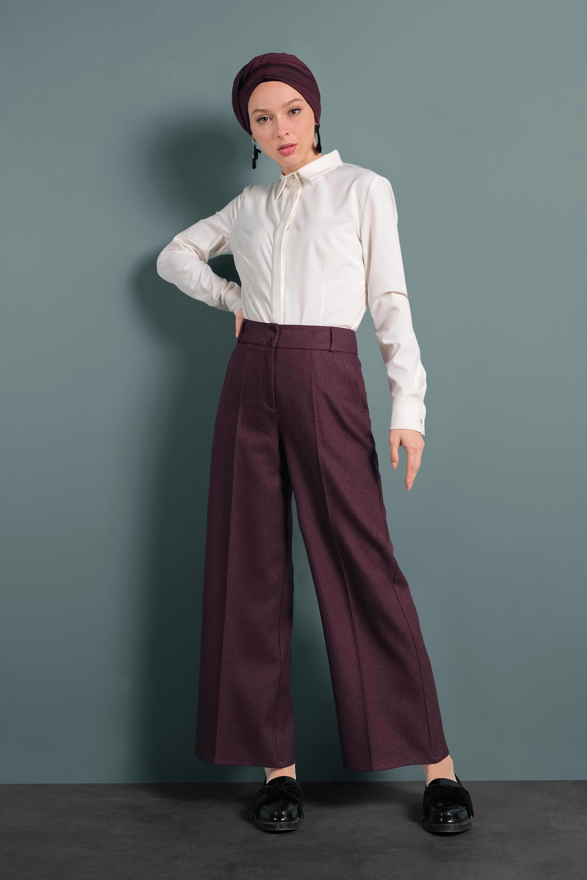 Tesettür giyim MÜRDÜM GENİŞ PAÇA DÜĞMELİ PANTOLON 70004 