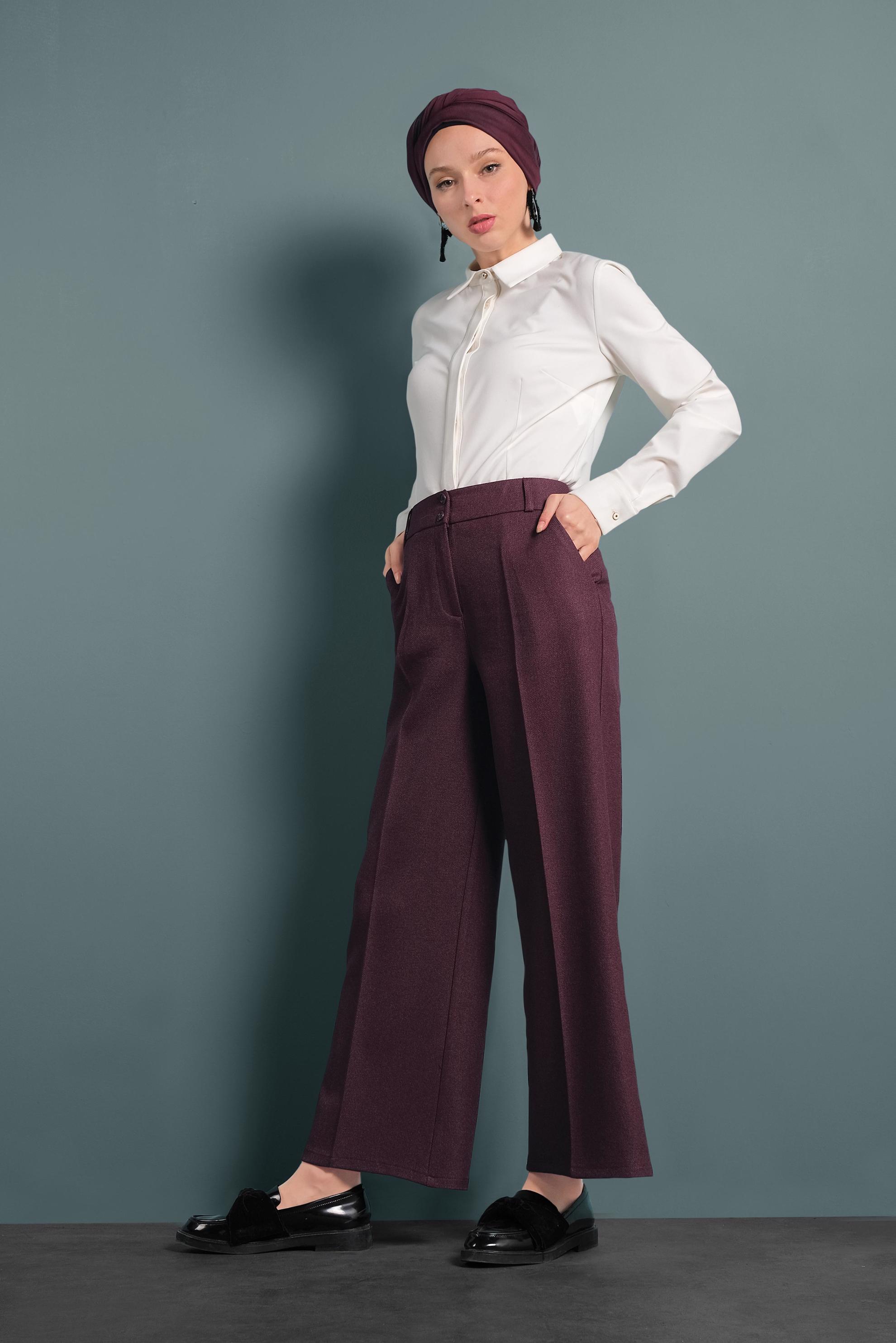 Tesettür giyim MÜRDÜM GENİŞ PAÇA DÜĞMELİ PANTOLON 70004 