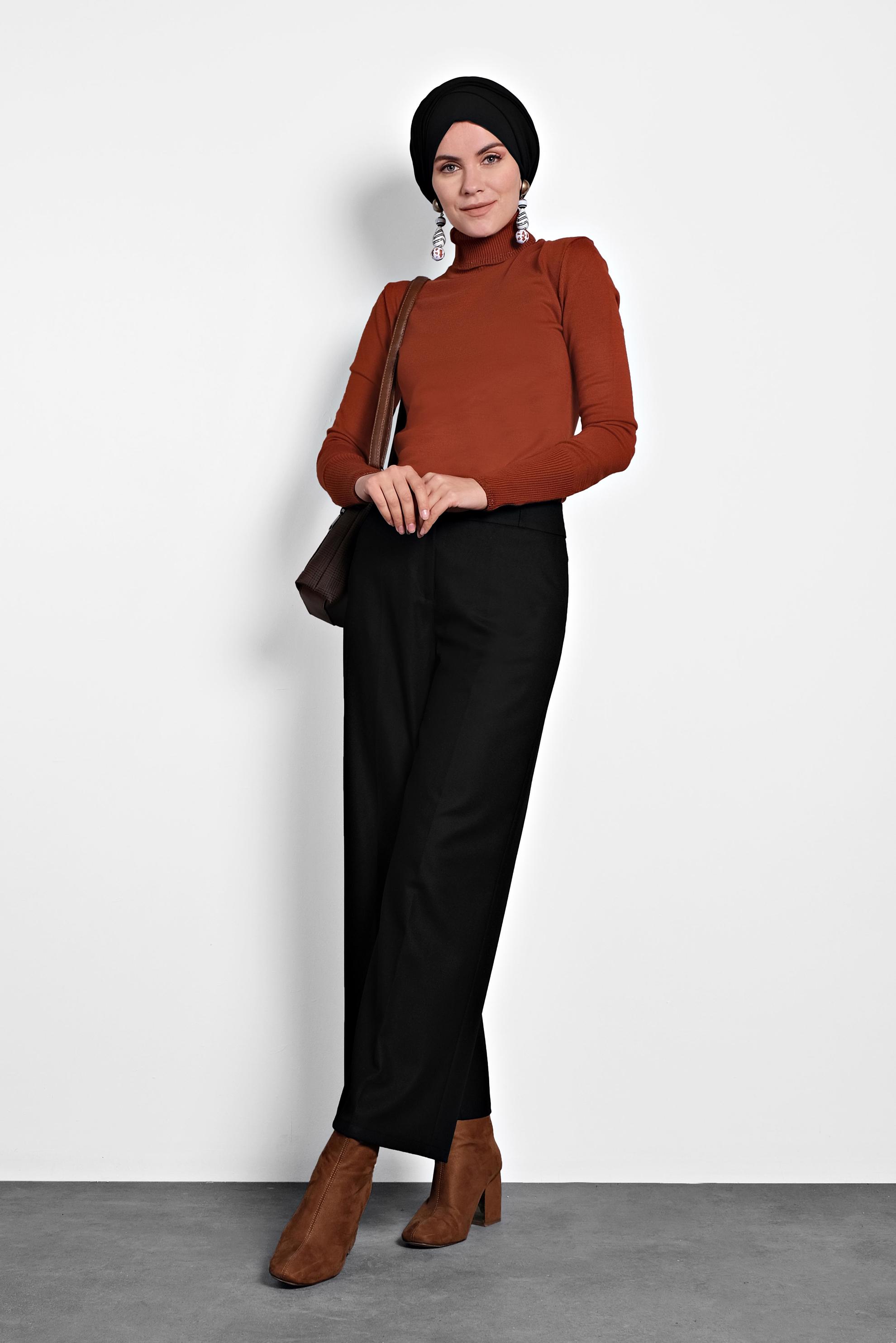 Tesettür giyim SİYAH ORTA YÜKSEK BEL DÜĞMELİ PANTOLON 70005 