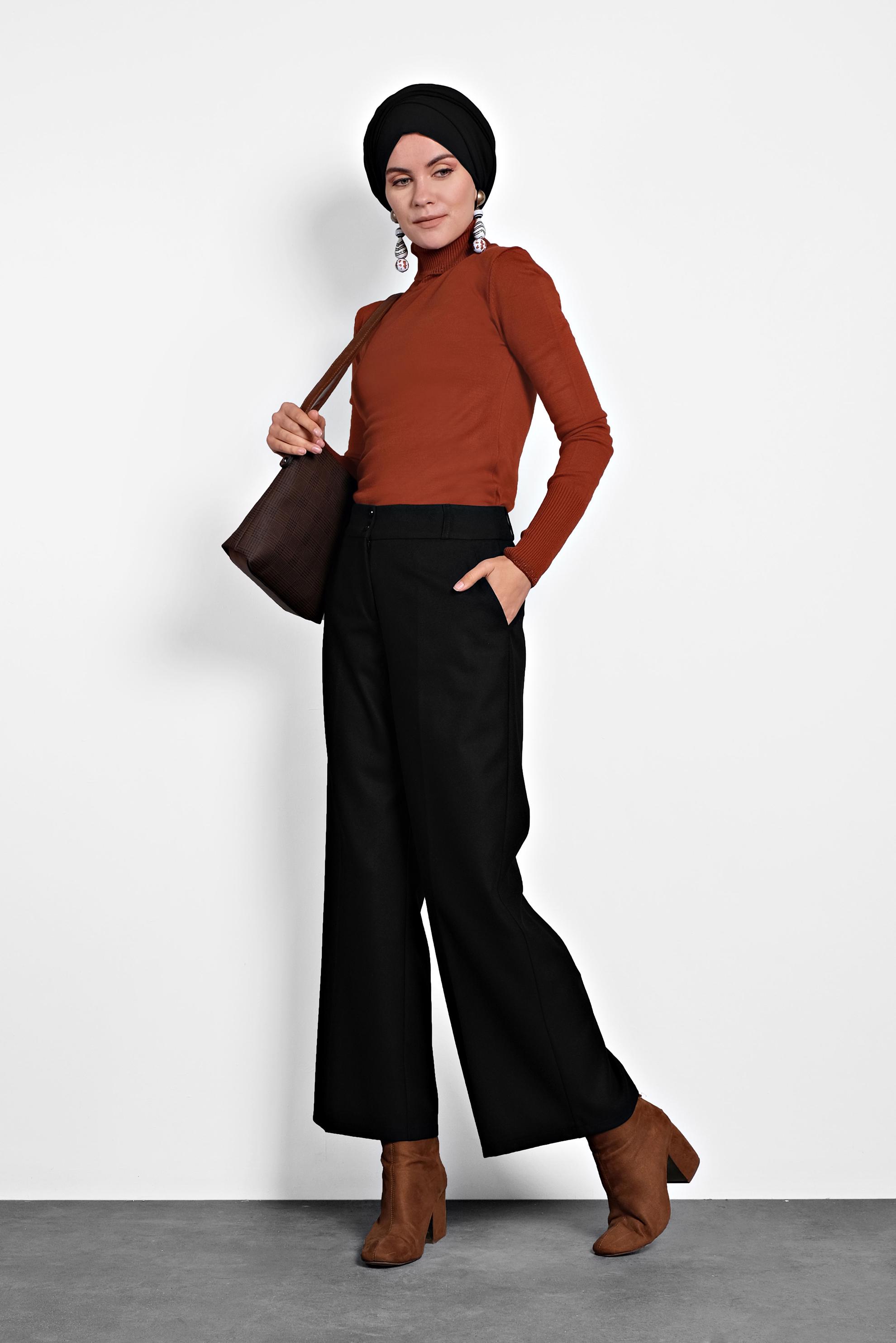 Tesettür giyim SİYAH ORTA YÜKSEK BEL DÜĞMELİ PANTOLON 70005 