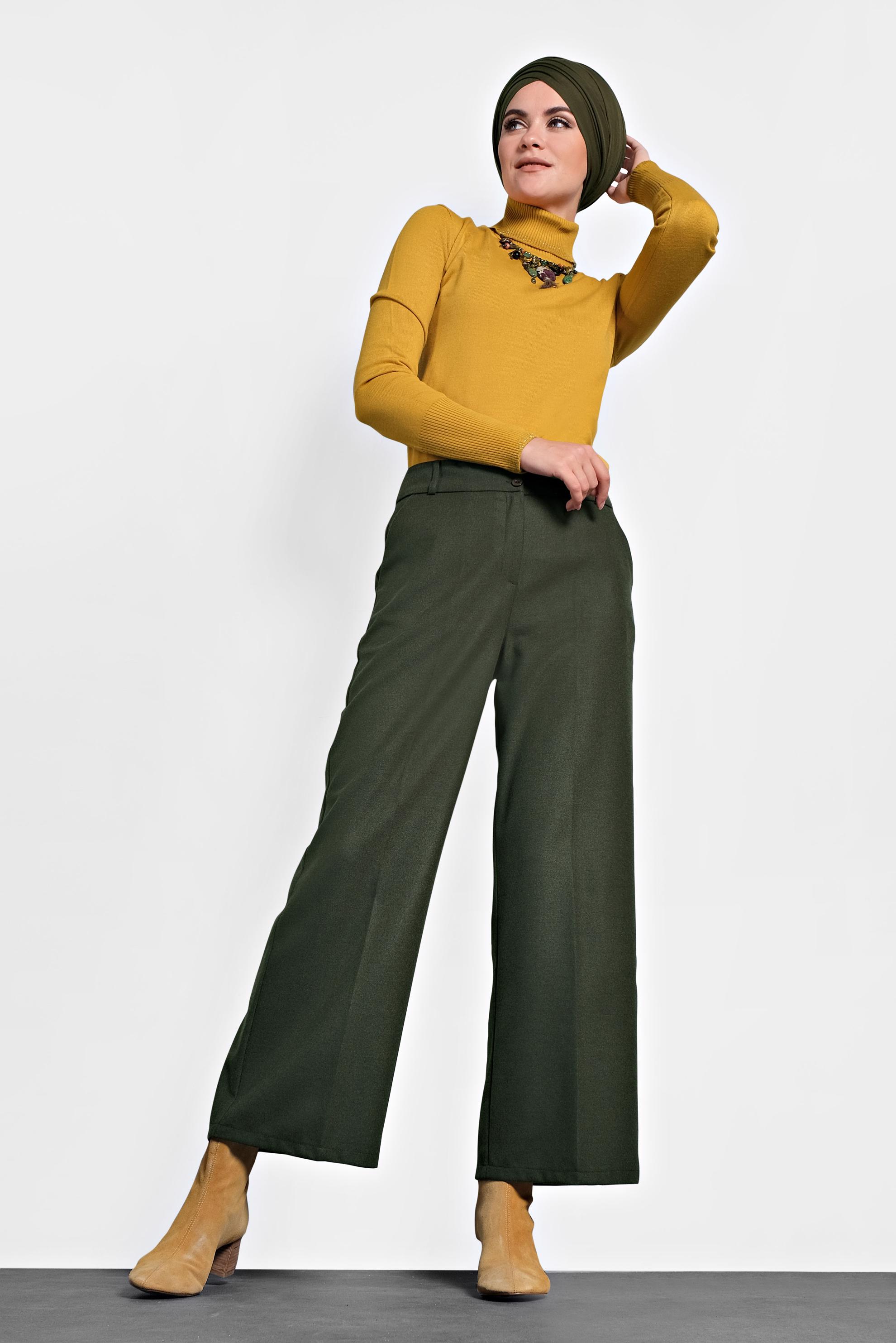 Tesettür giyim HAKİ ORTA YÜKSEK BEL DÜĞMELİ PANTOLON 70005 