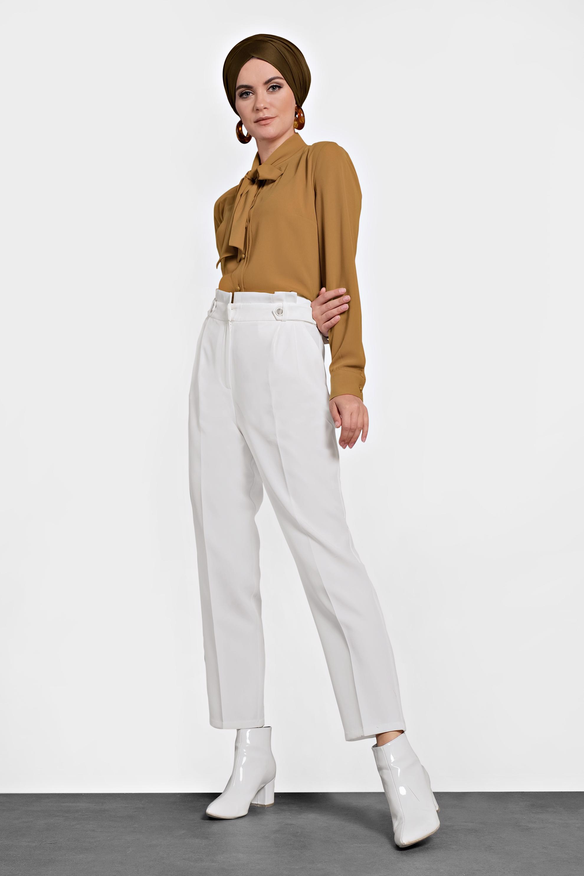 Tesettür giyim BEYAZ YÜKSEK BEL PANTOLON 70007 