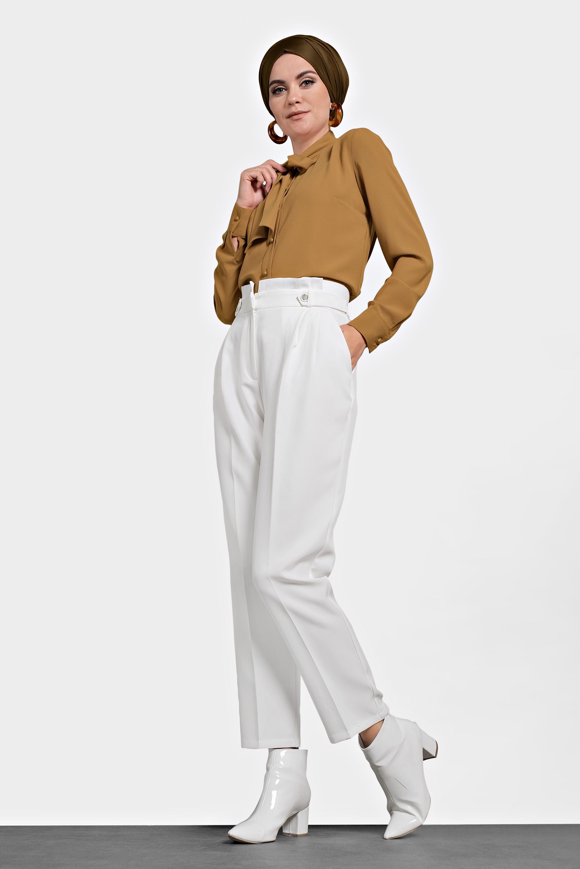 Tesettür giyim BEYAZ YÜKSEK BEL PANTOLON 70007 