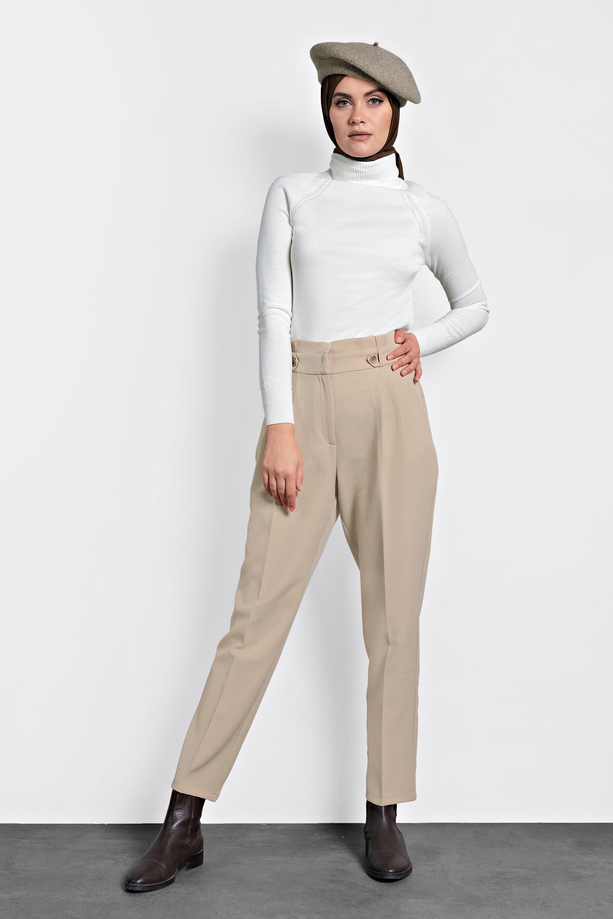 Tesettür giyim BEJ YÜKSEK BEL PANTOLON 70007 