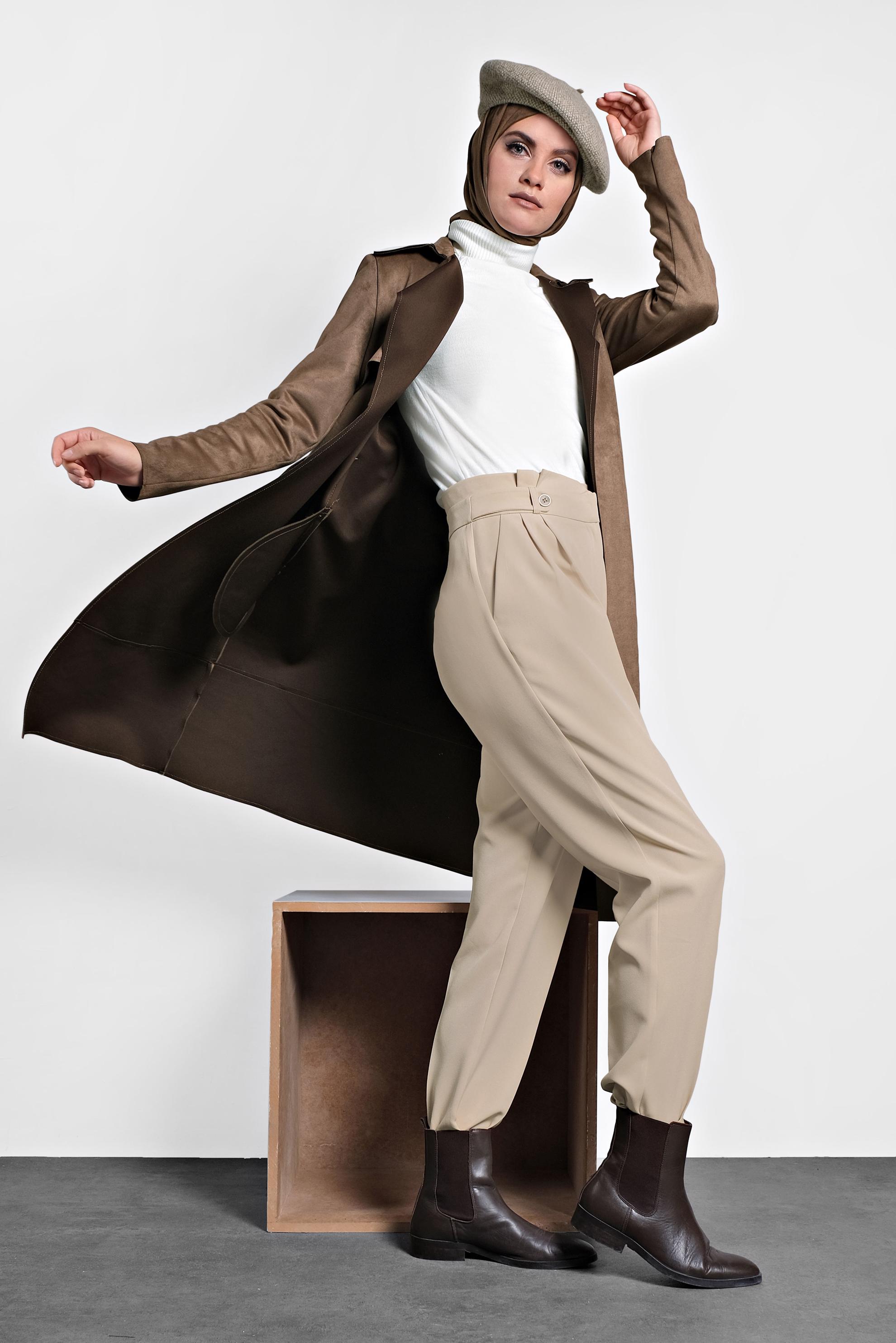 Tesettür giyim BEJ YÜKSEK BEL PANTOLON 70007 