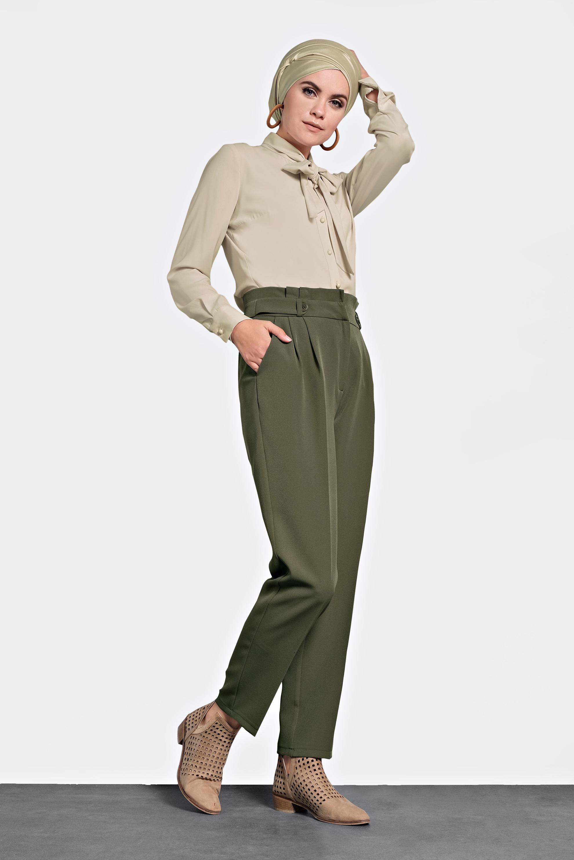 Tesettür giyim HAKİ YÜKSEK BEL PANTOLON 70007 