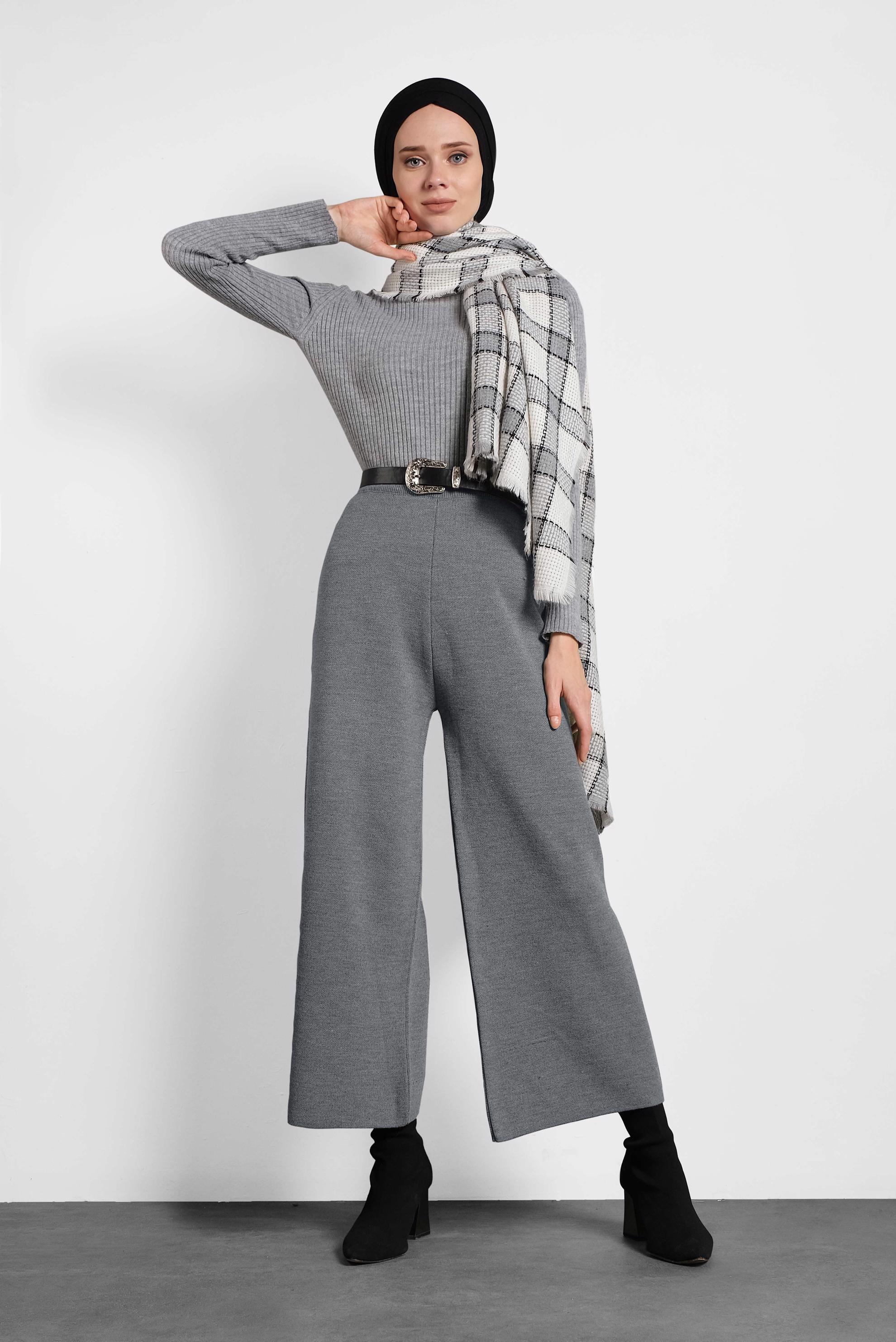 Tesettür giyim GRİ BELİ LASTİKLİ TRİKO PANTOLON 70028 