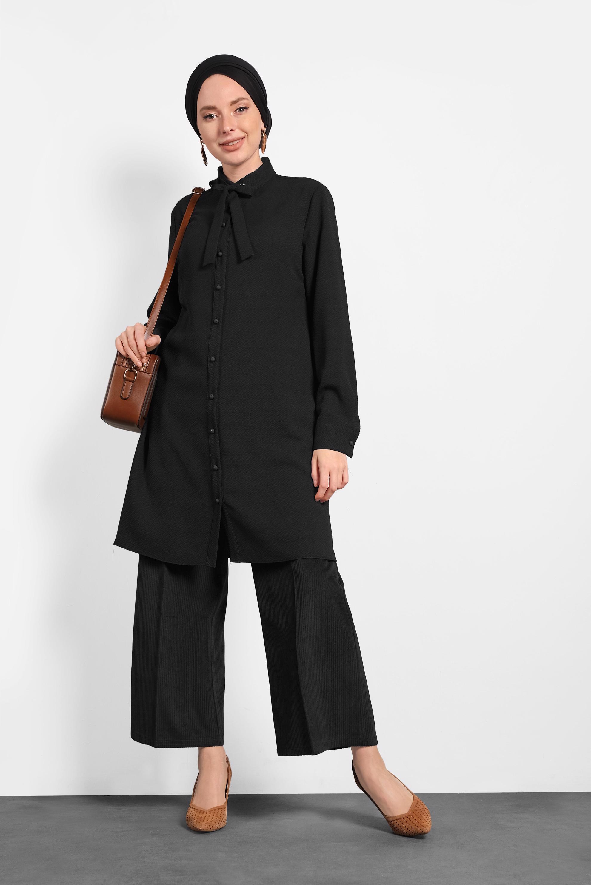 Tesettür giyim SİYAH FİTİLLİ KADİFE GENİŞ PAÇA PANTOLON 70033	