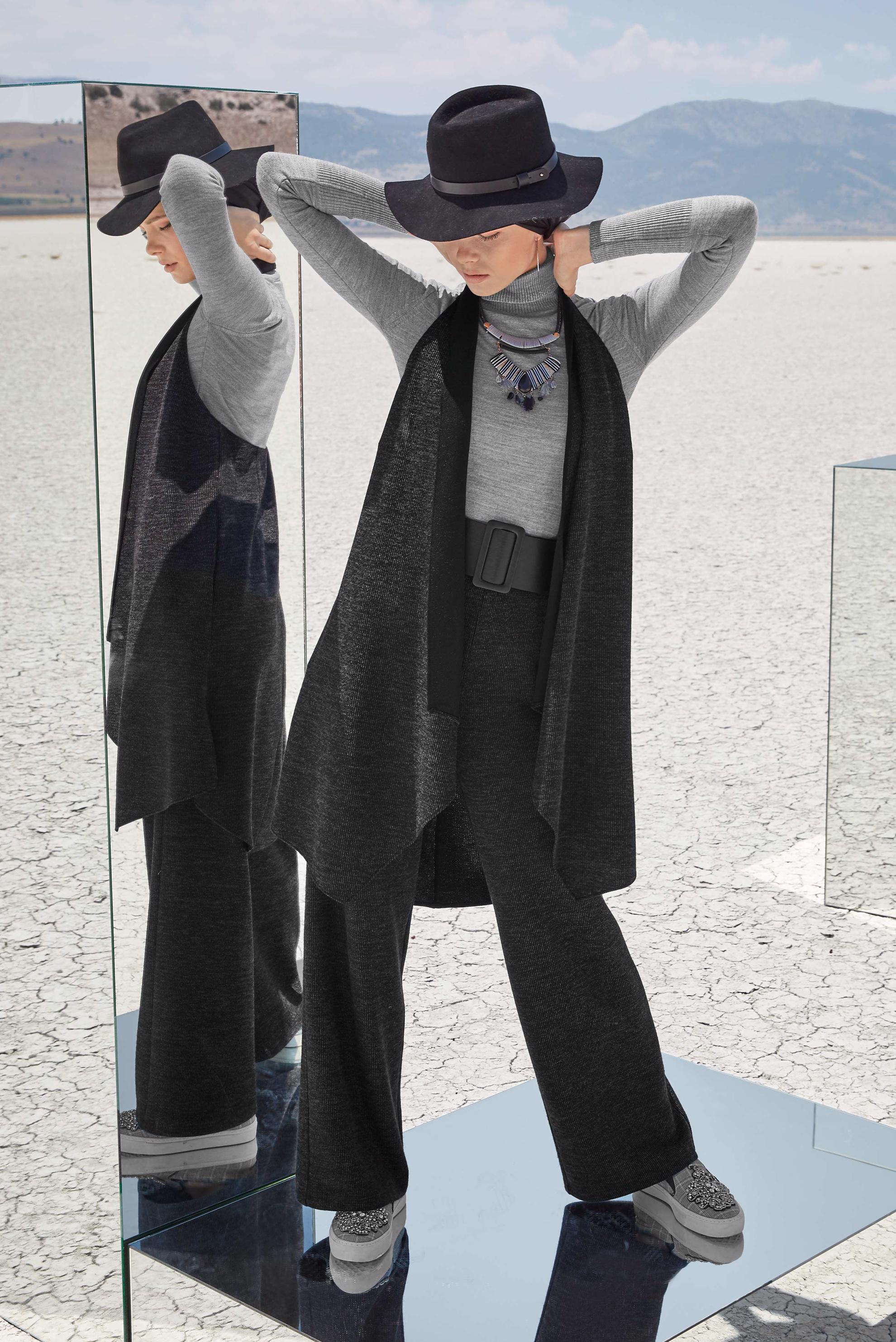 Tesettür giyim SİYAH BELİ LASTİKLİ ÖRME PANTOLON 70041