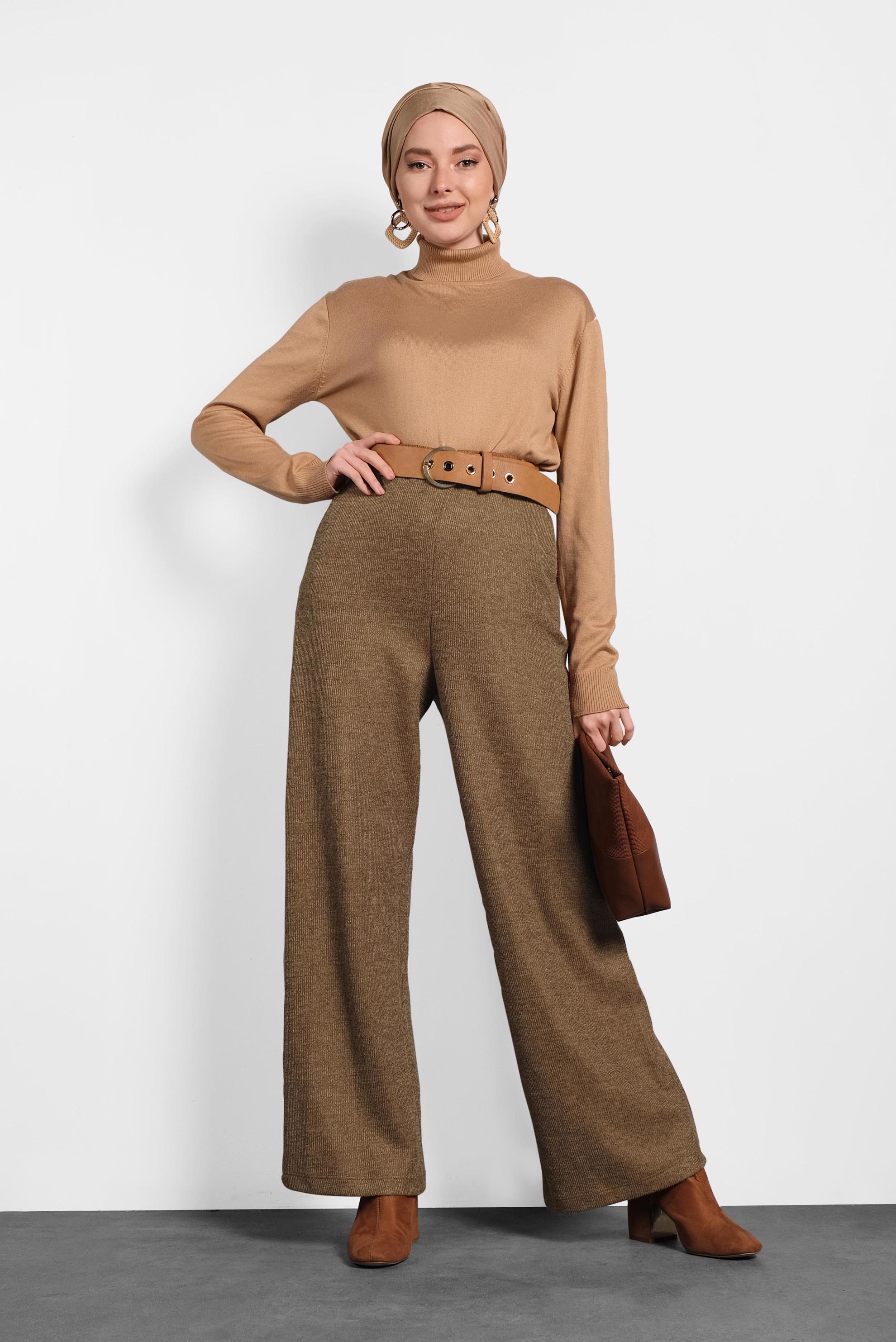 Tesettür giyim KAHVE BELİ LASTİKLİ ÖRME PANTOLON 70041