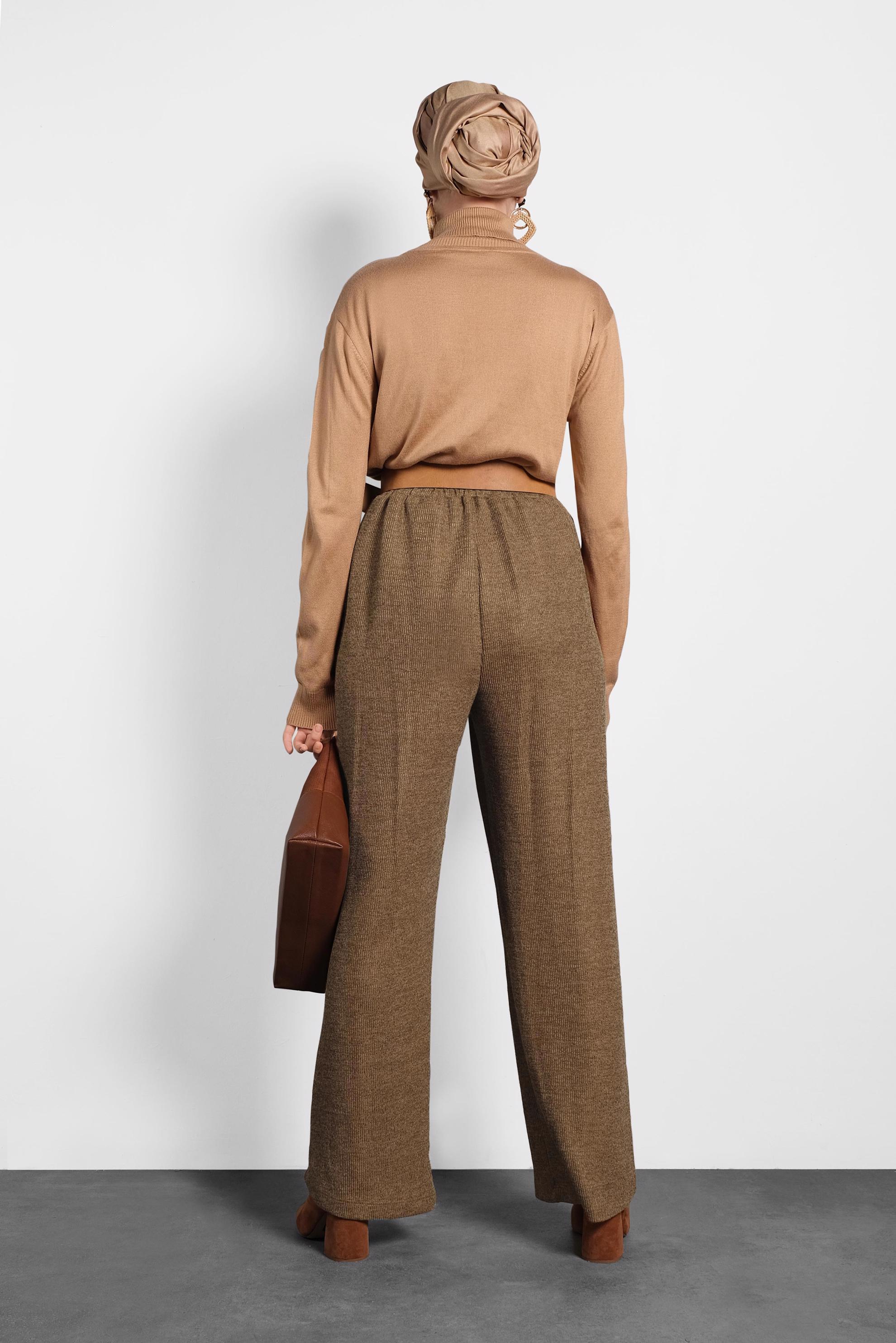 Tesettür giyim KAHVE BELİ LASTİKLİ ÖRME PANTOLON 70041