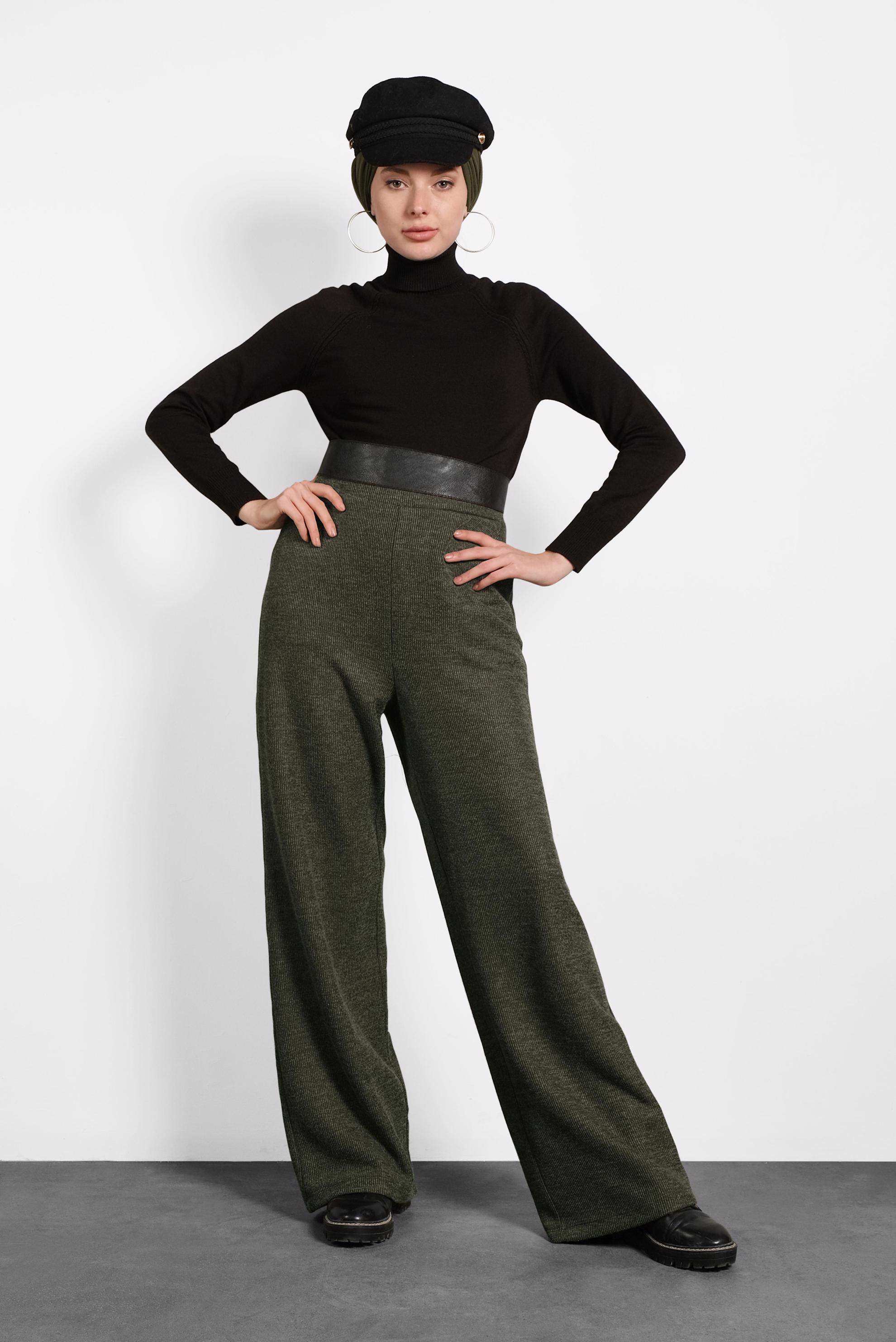 Tesettür giyim HAKİ BELİ LASTİKLİ ÖRME PANTOLON 70041