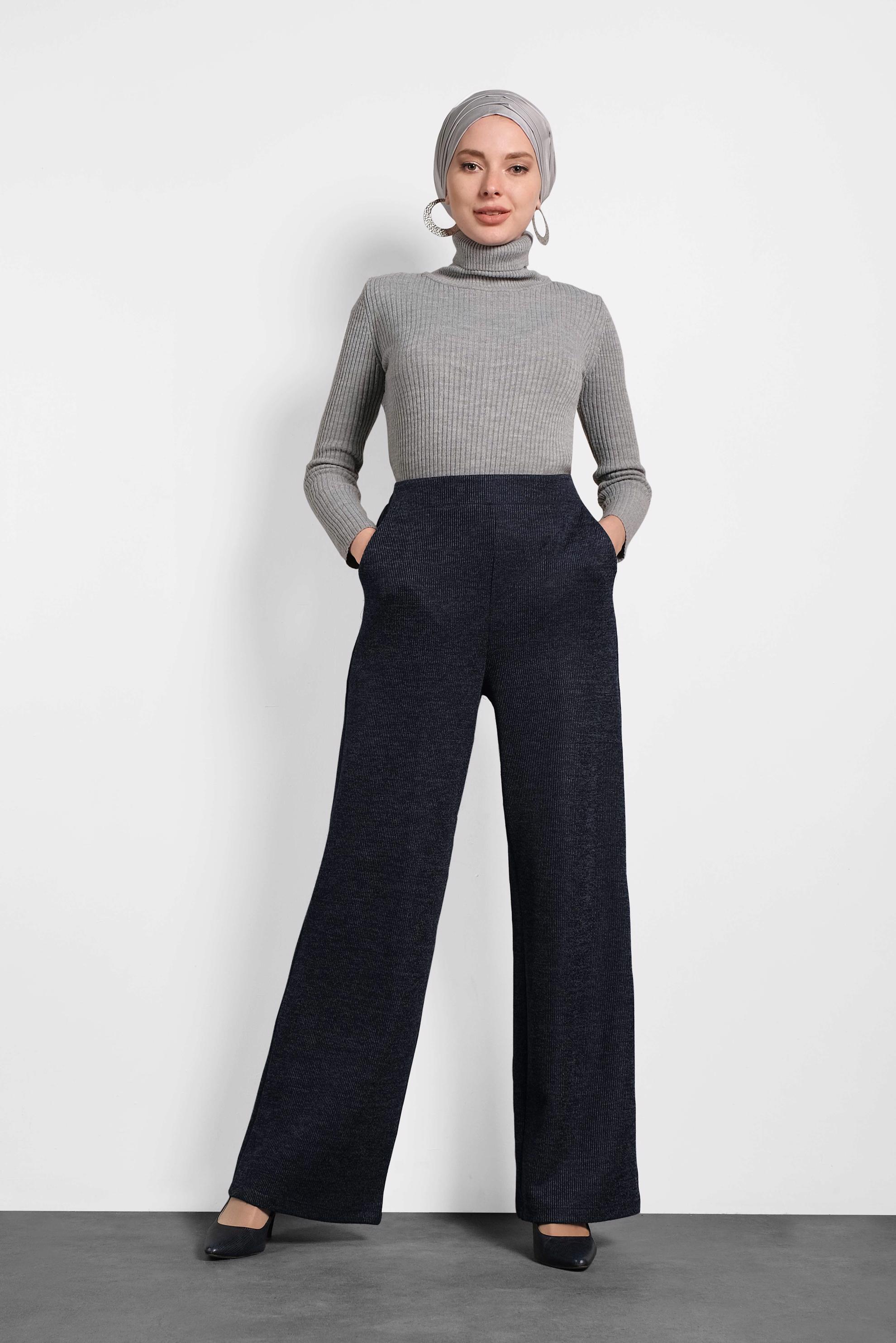 Tesettür giyim LACİVERT BELİ LASTİKLİ ÖRME PANTOLON 70041