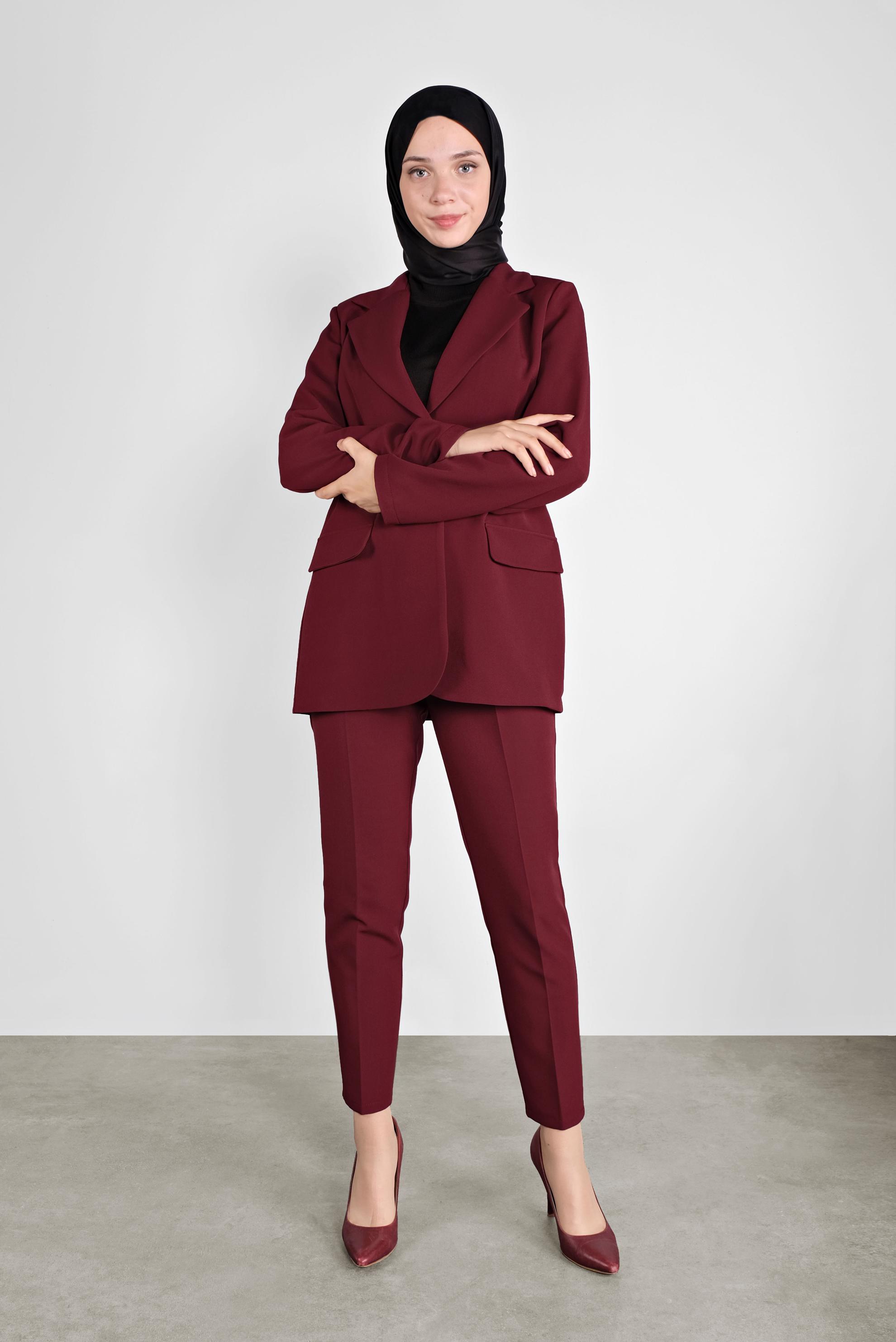 Tesettür giyim BORDO YANDAN DÜĞMELİ KLASİK KESİM PANTOLON  70132 