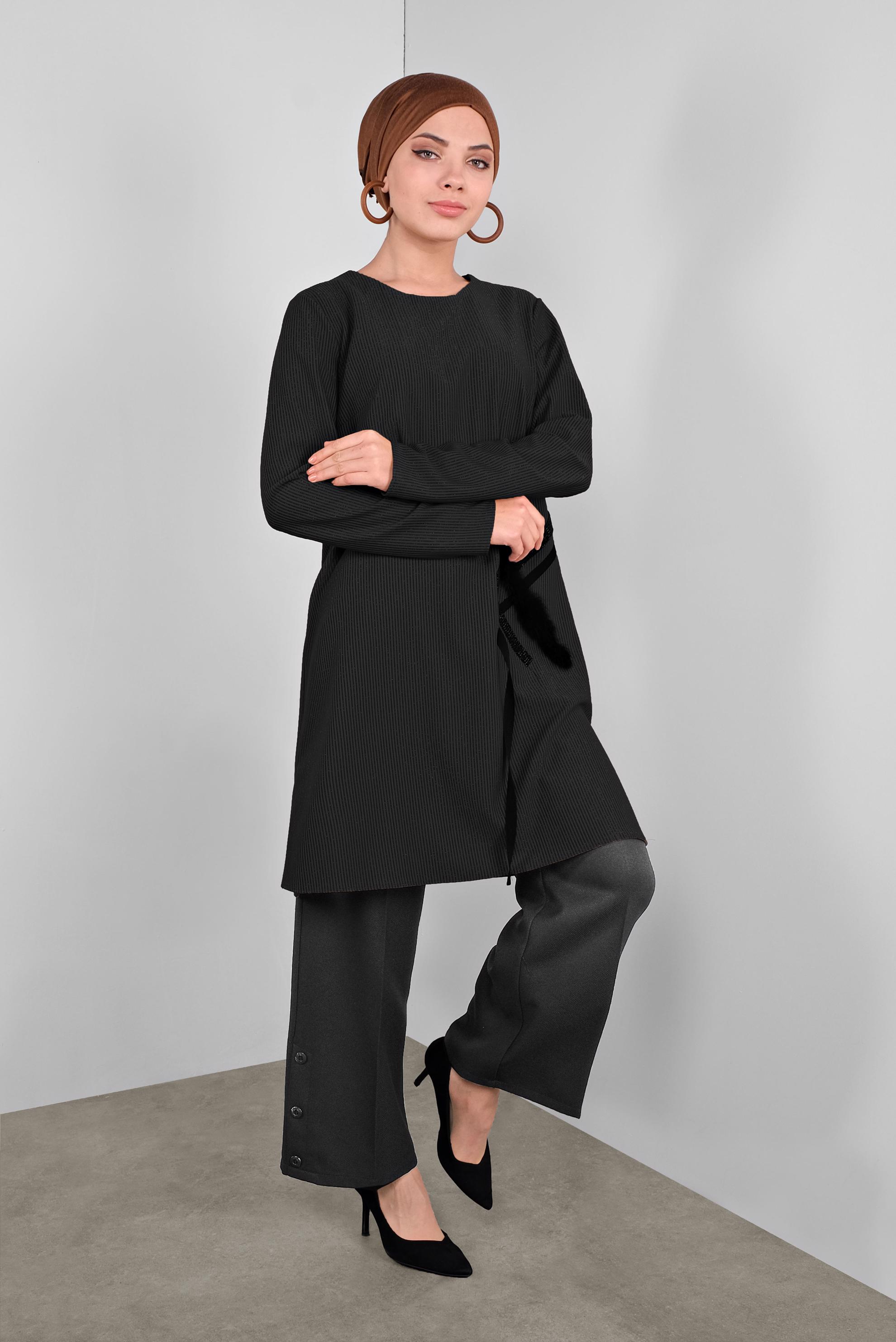 Tesettür giyim GRİ ARA BEL GENİŞ PAÇA PANTOLON 70137 