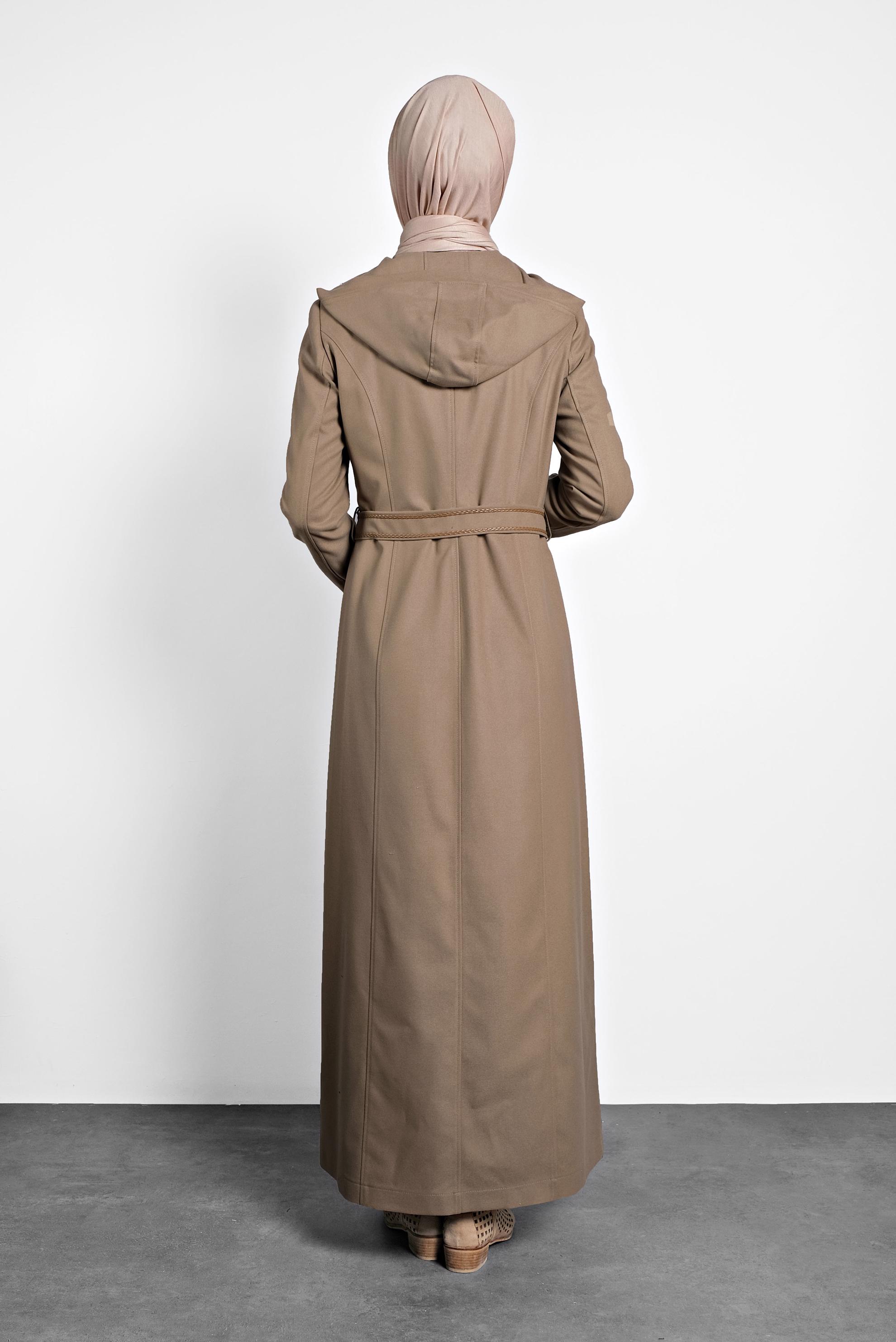 Tesettür giyim BEJ KEMERLİ KAPÜŞONLU PARDESÜ 10001