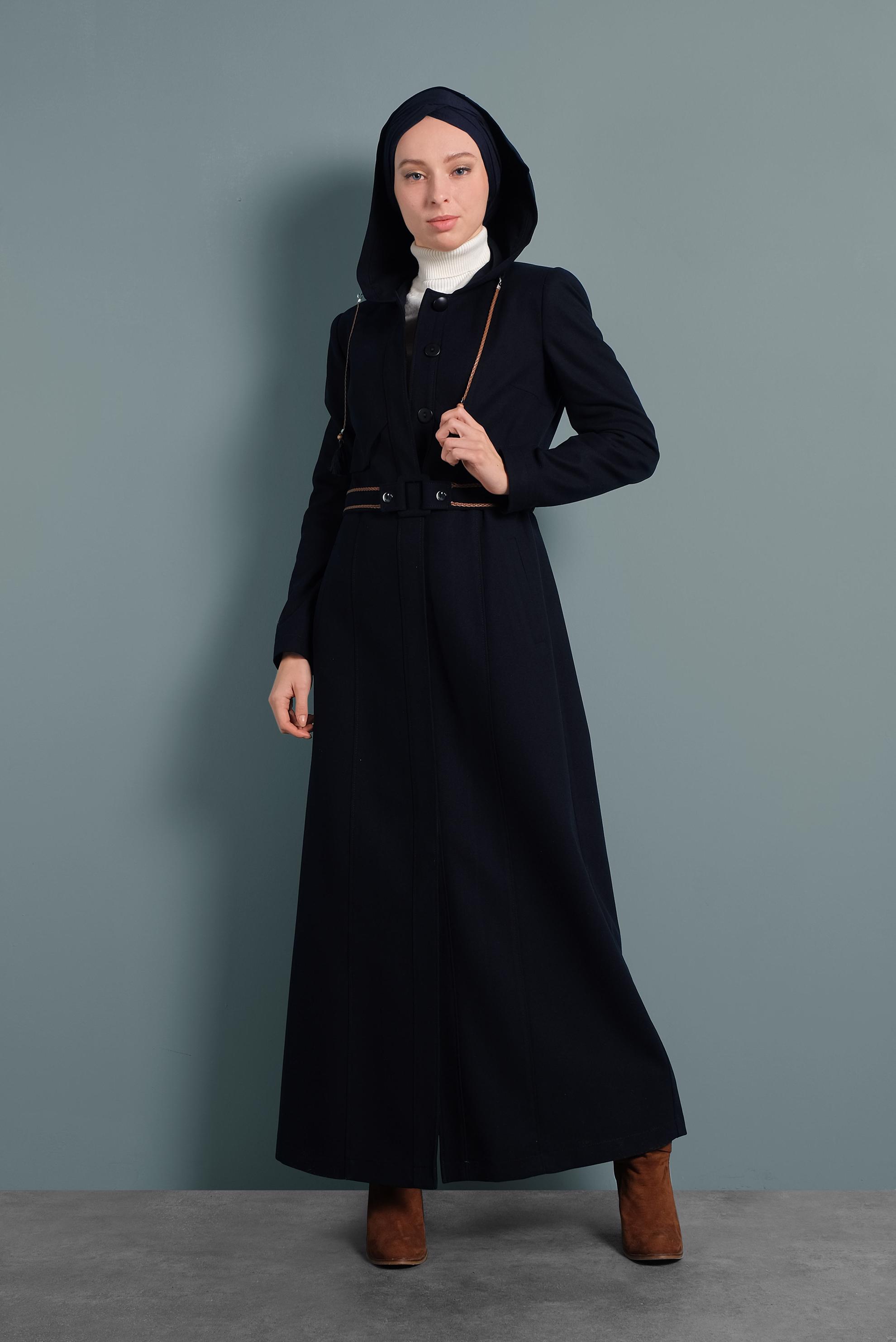 Tesettür giyim LACİVERT KEMERLİ KAPÜŞONLU PARDESÜ 10001