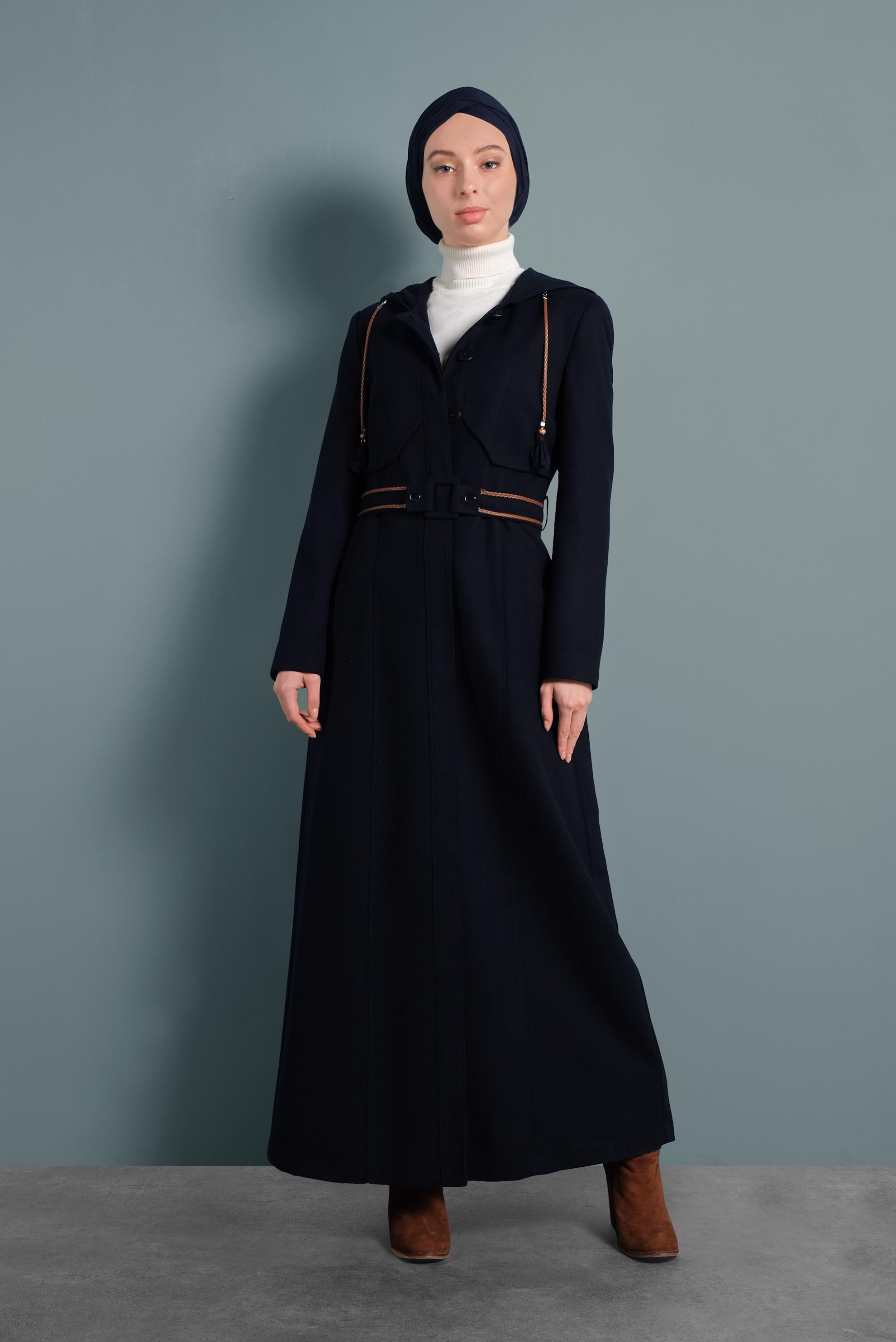 Tesettür giyim LACİVERT KEMERLİ KAPÜŞONLU PARDESÜ 10001