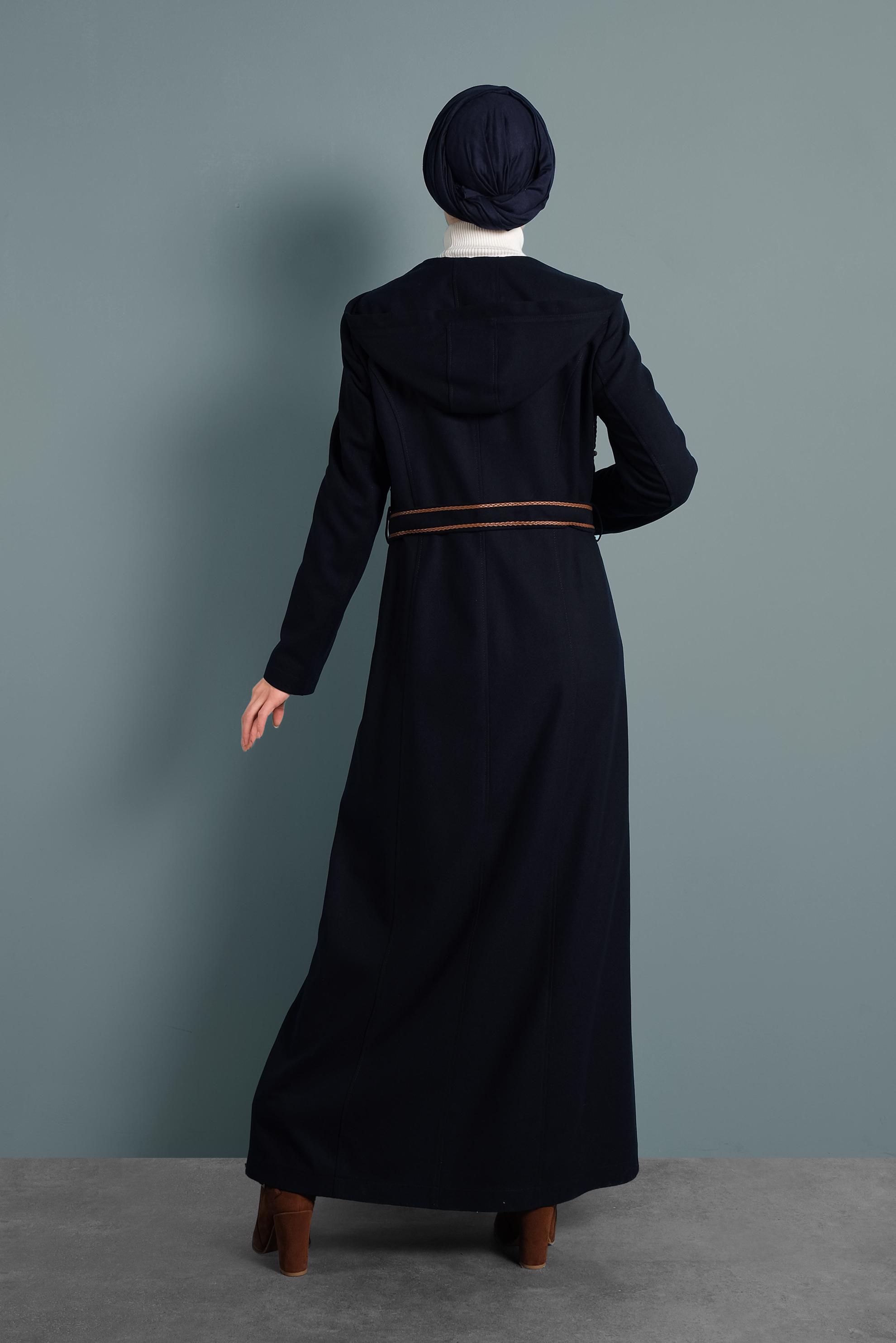 Tesettür giyim LACİVERT KEMERLİ KAPÜŞONLU PARDESÜ 10001